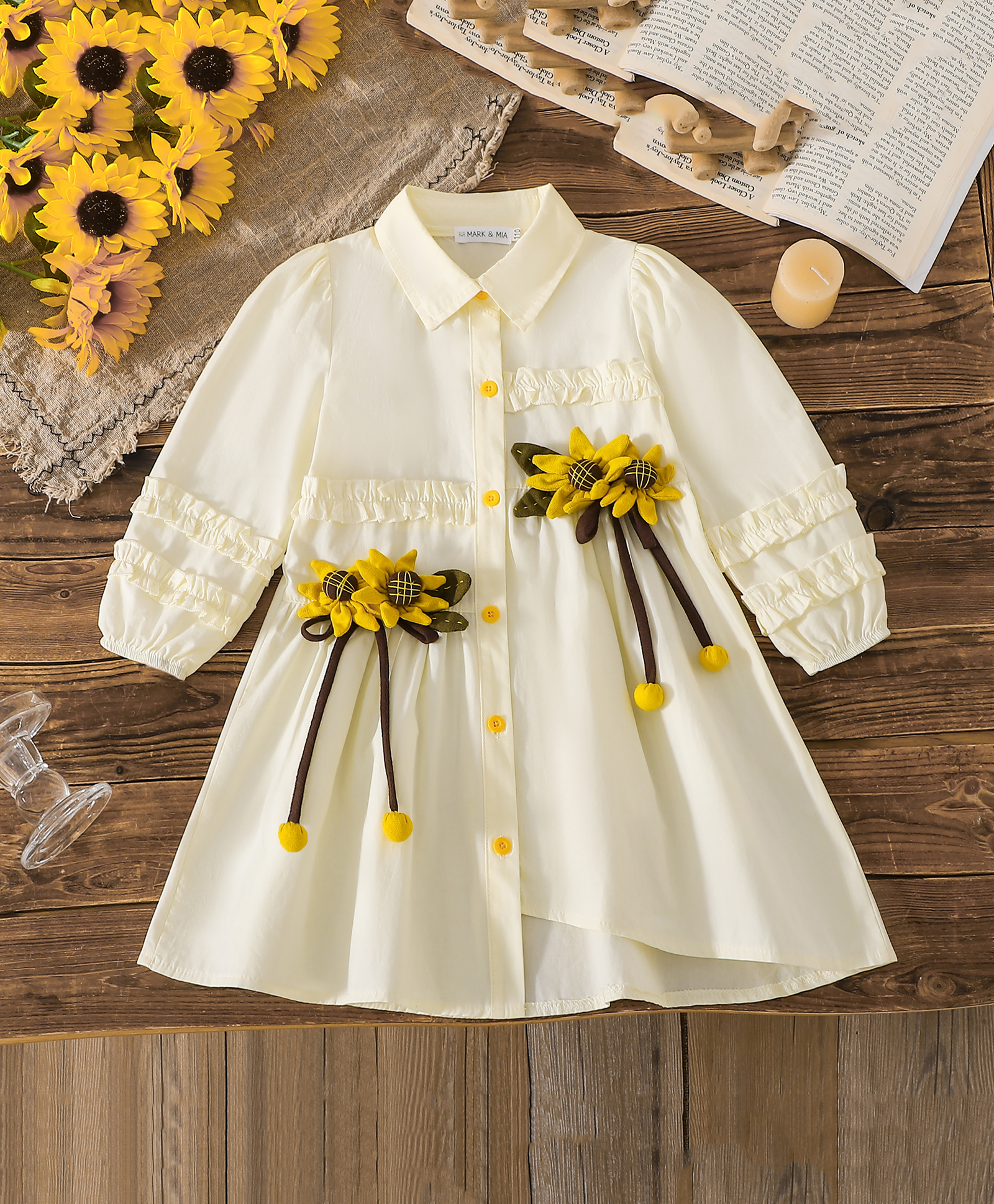 Mark & Mia Cotton Dress with Full Sleeves and Floral Applique - Beige-image-35