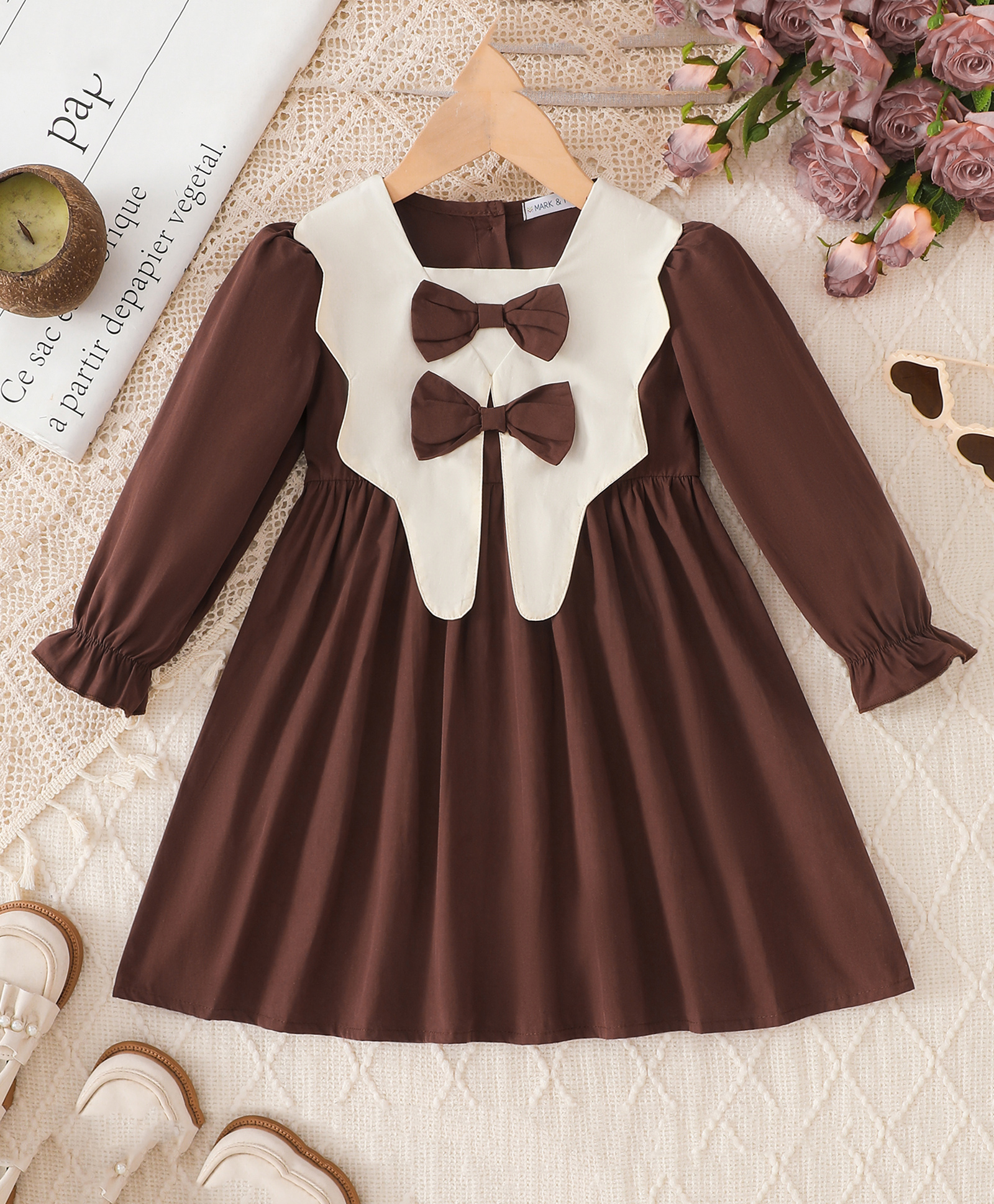 Mark & Mia Cotton Dress with Full Sleeves and Bow Detail - Brown-image-9