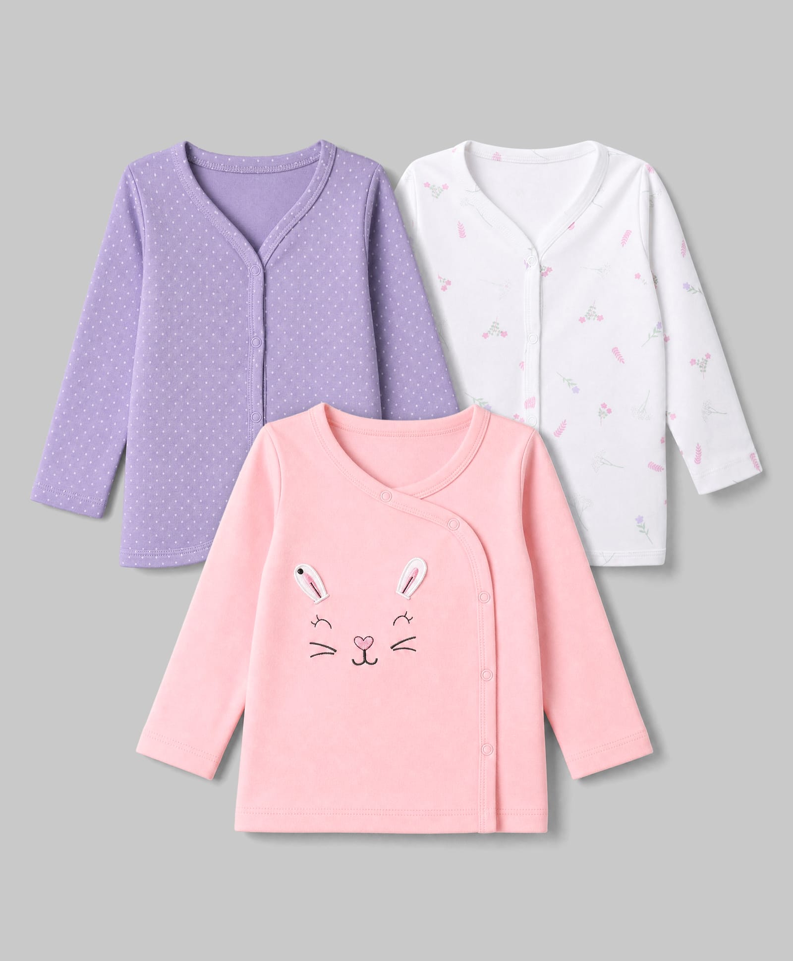 Babyhug 100% Cotton Interlock Knit Front Open Full Sleeves Jhablas With Polka Dot, Floral Print & Bunny Ear Applique Pack of 3 - Lilac, White & Pink-image-41