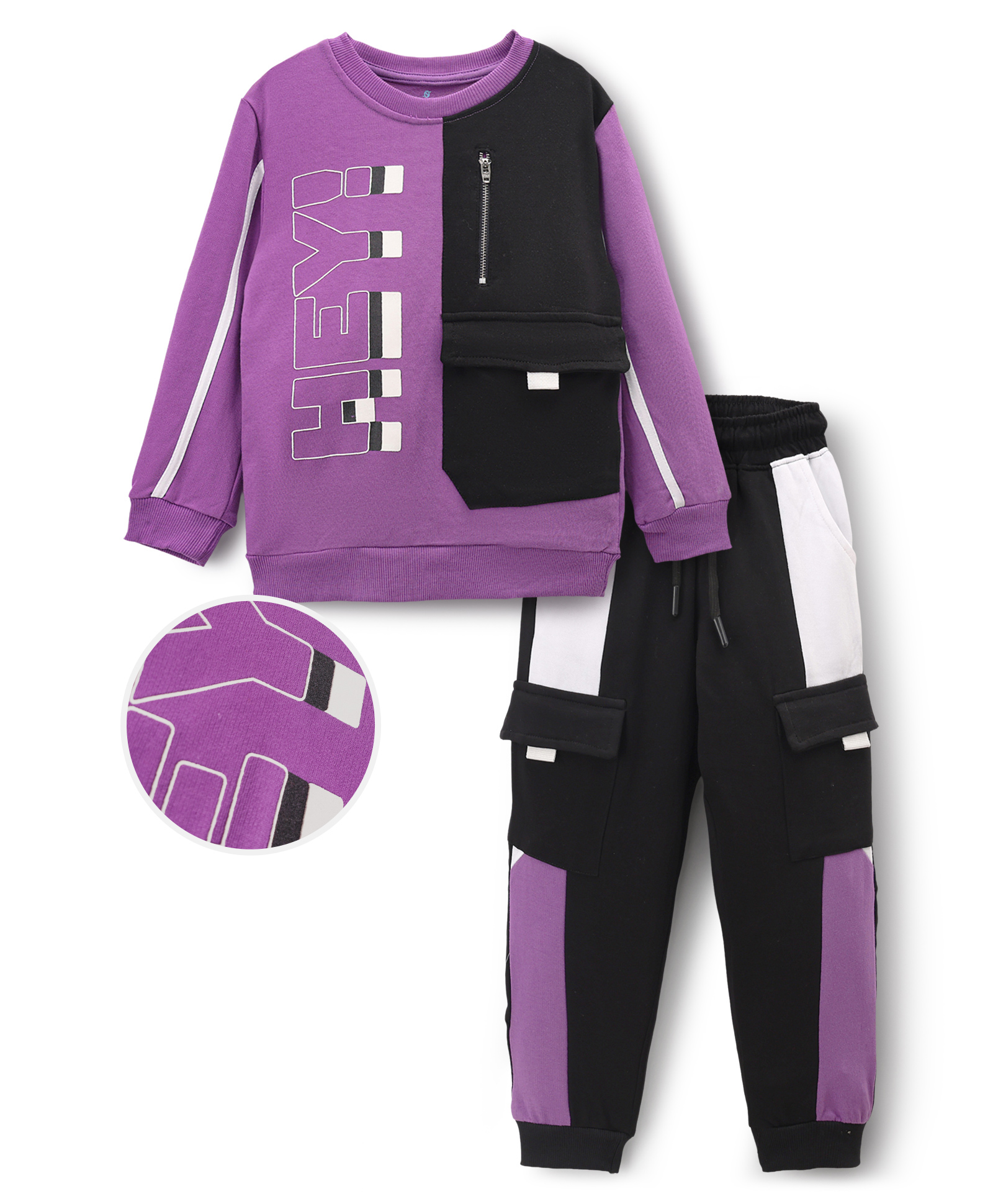 OLLINGTON ST. Looper Knit Cotton Full Sleeves Cut & Sew Sweatshirt With Text Print & Joggers Set - Black & Purple-picture-10