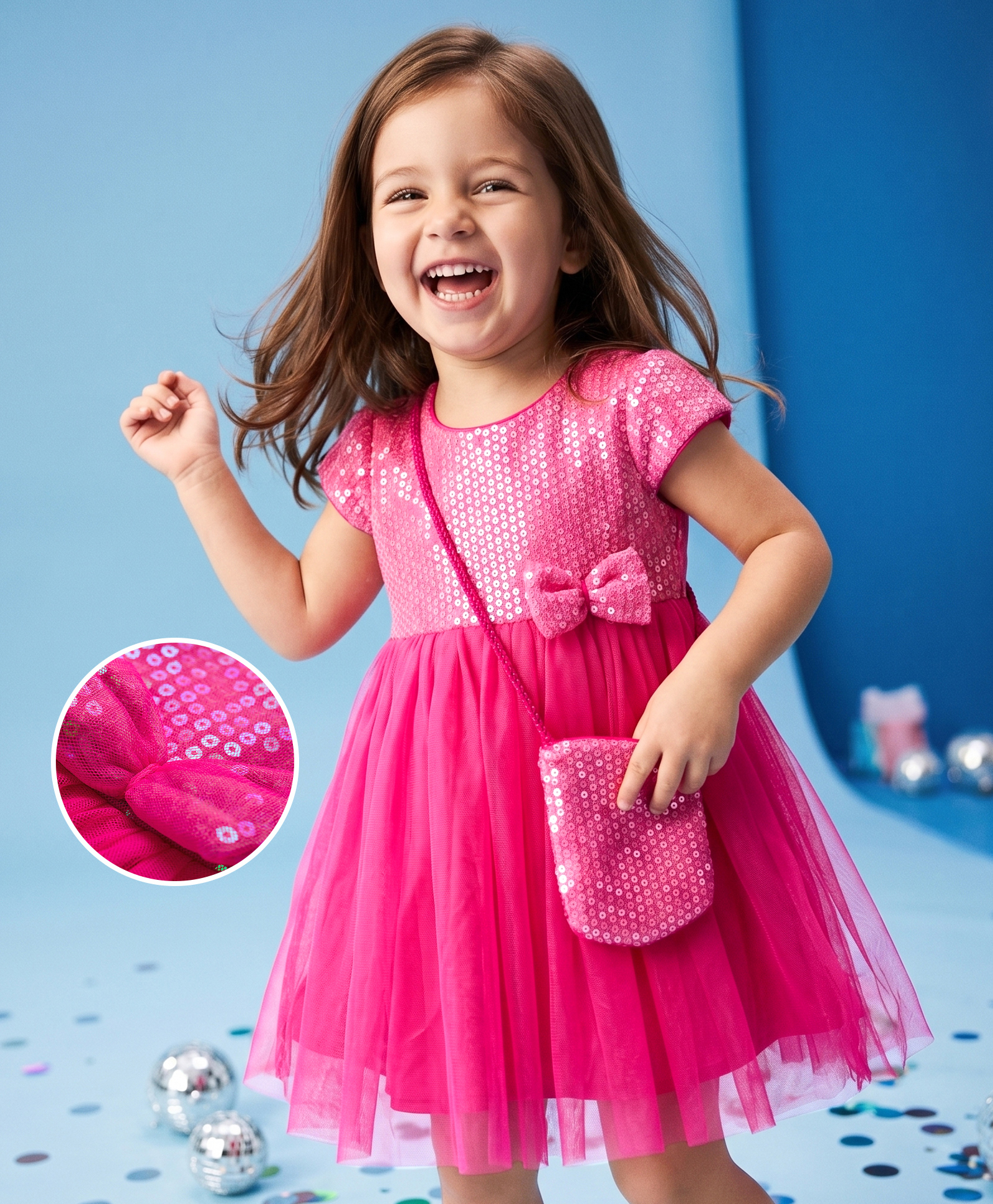 Babyhug Mesh Woven Cap Sleeves Party Dress With Sequin Detailing & Sling Bag - Dark Pink-image-31