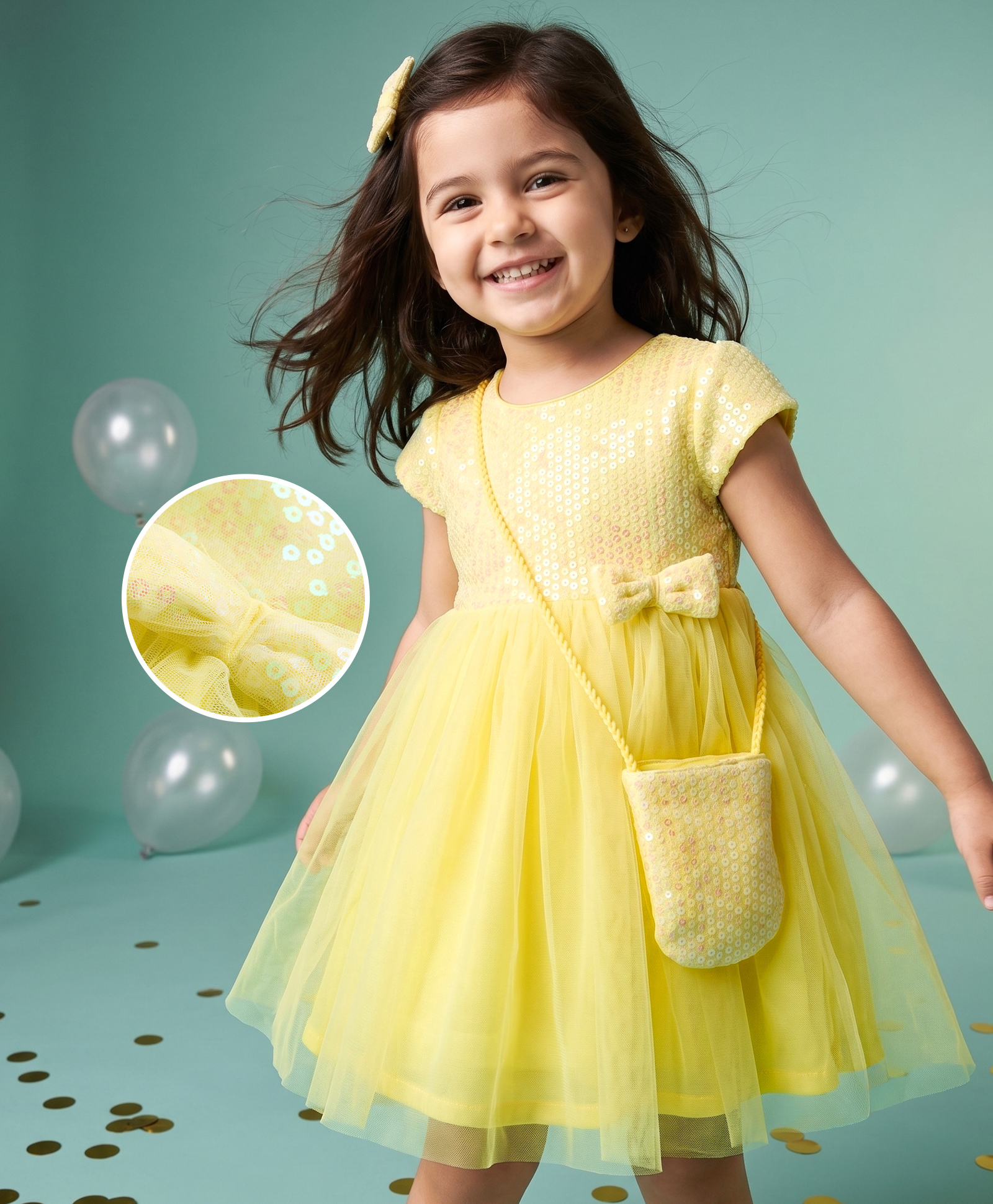 Babyhug Mesh Woven Cap Sleeves Party Dress With Sequin Detailing & Sling Bag - Yellow-image-11