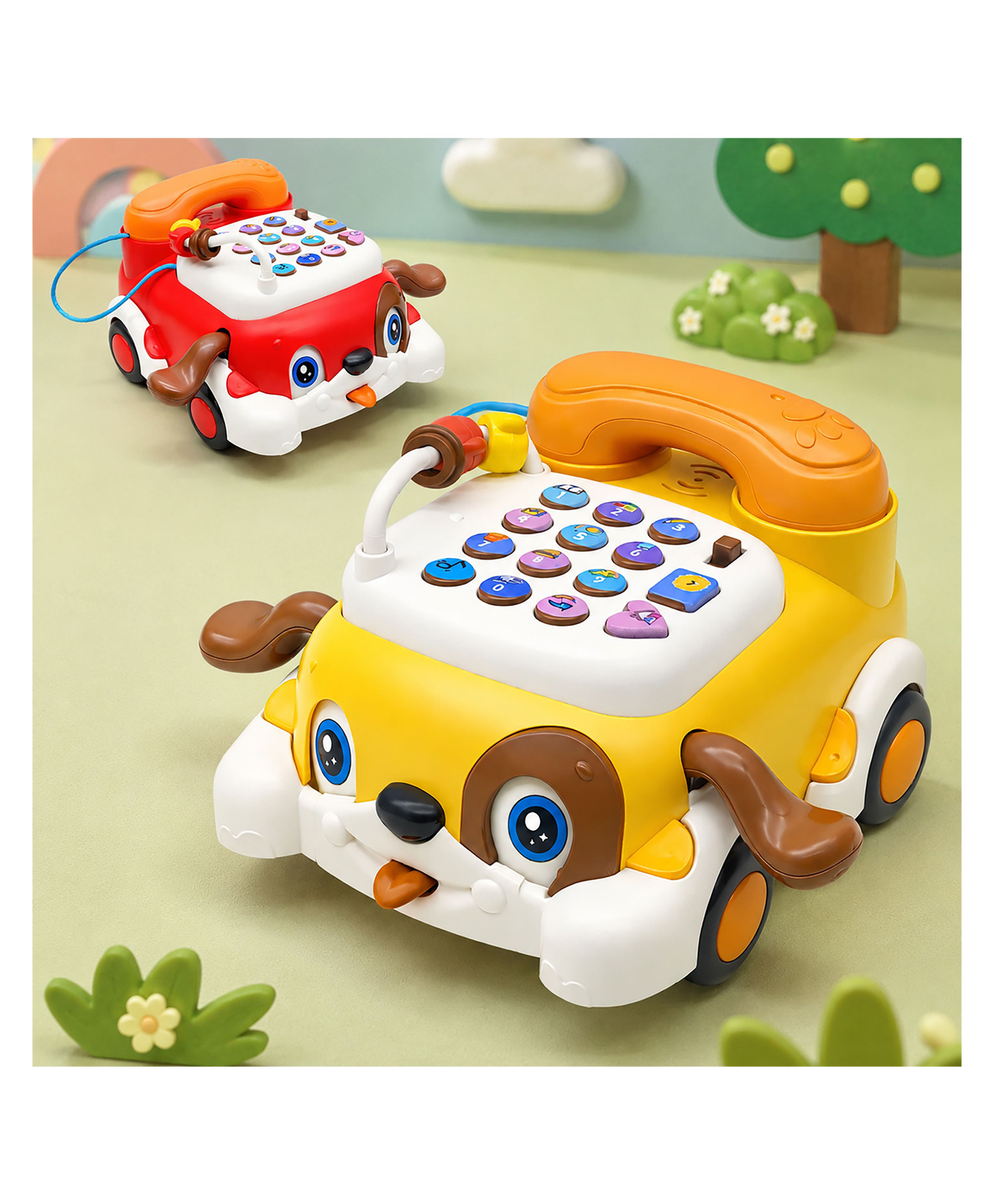 VGRASSP Bump & Go Musical Dog Shape Telephone Toy For Kids With Lights, Music And Learning Math Quiz - Interactive Educational Phone With Moving Eyes, Ears And Tongue - Color May Vary-image-1