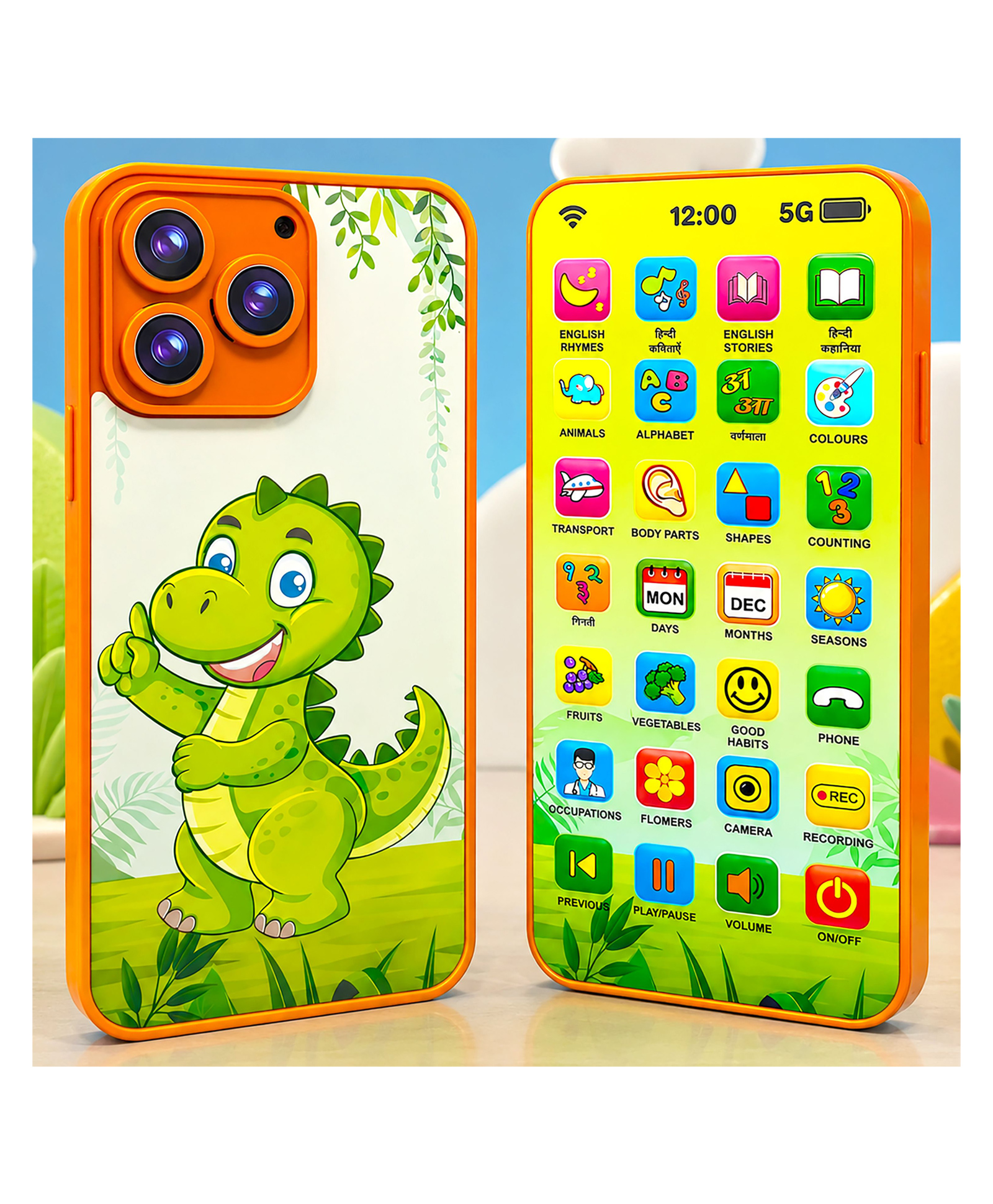 VGRASSP Rechargeable 24 Modes Educational Phone Toy For Kids With English And Hindi Rhymes, Stories, Alphabets And Number - Educational Dinosaur Theme Dummy Mobile Toy With Voice Recorder - Multicolor-image-44