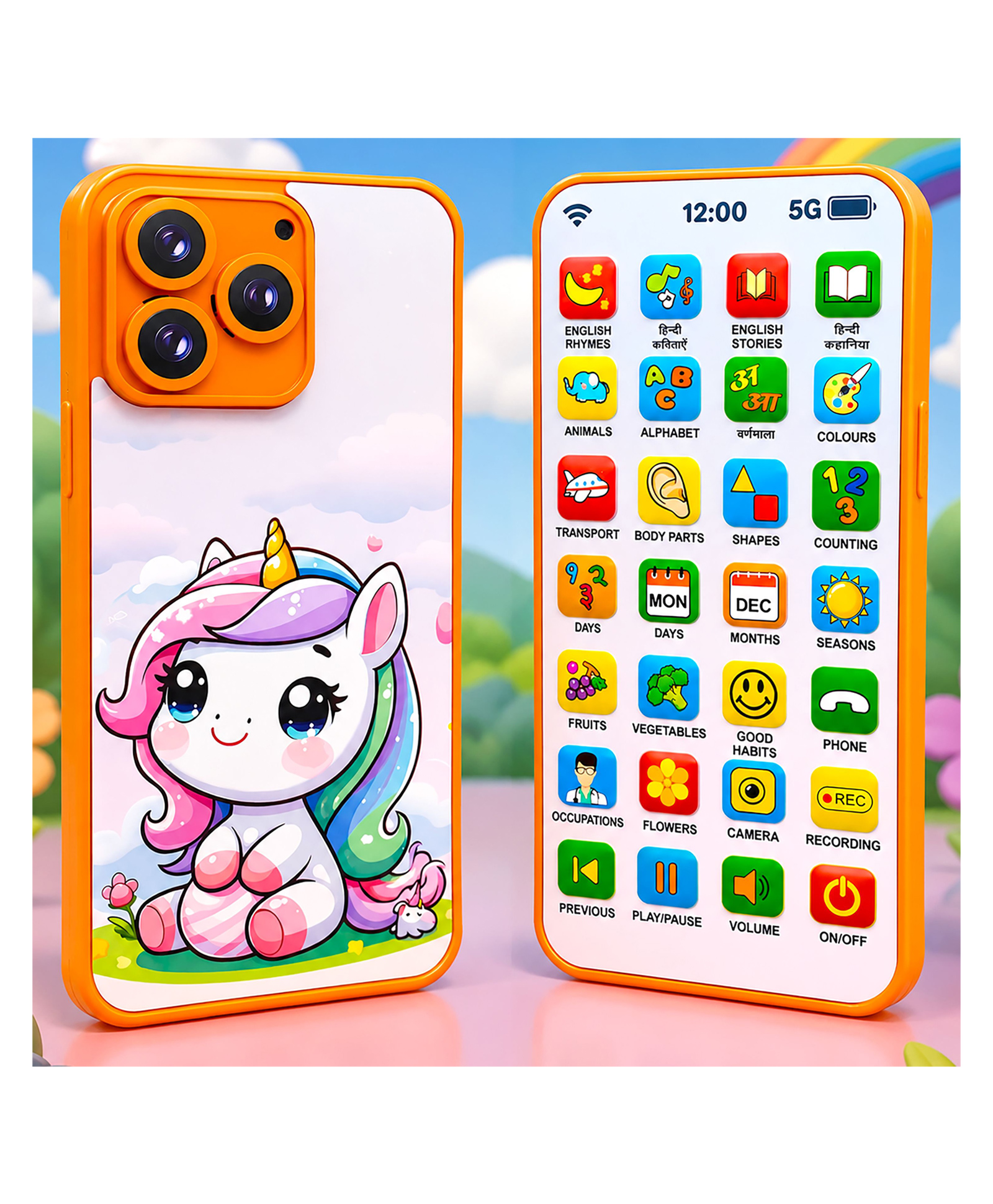 VGRASSP Rechargeable 24 Modes Educational Phone Toy For Kids With English And Hindi Rhymes, Stories, Alphabets And Number - Educational Unicorn Theme Dummy Mobile Toy With Voice Recorder - Multicolor-picture-12