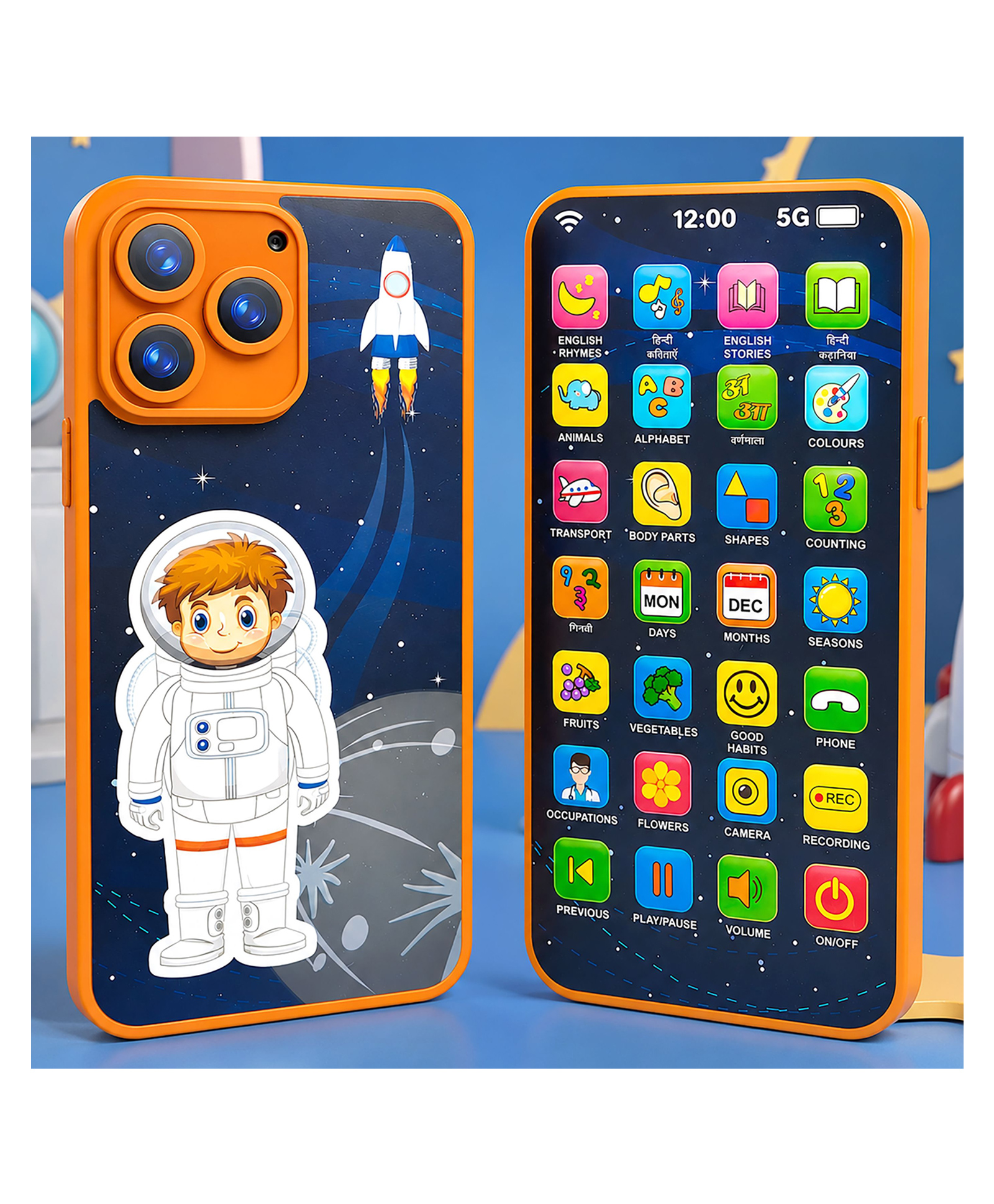 VGRASSP Rechargeable 24 Modes Educational Phone Toy For Kids With English And Hindi Rhymes, Stories, Alphabets And Number - Educational Space Theme Dummy Mobile Toy With Voice Recorder - Multicolor-picture-10