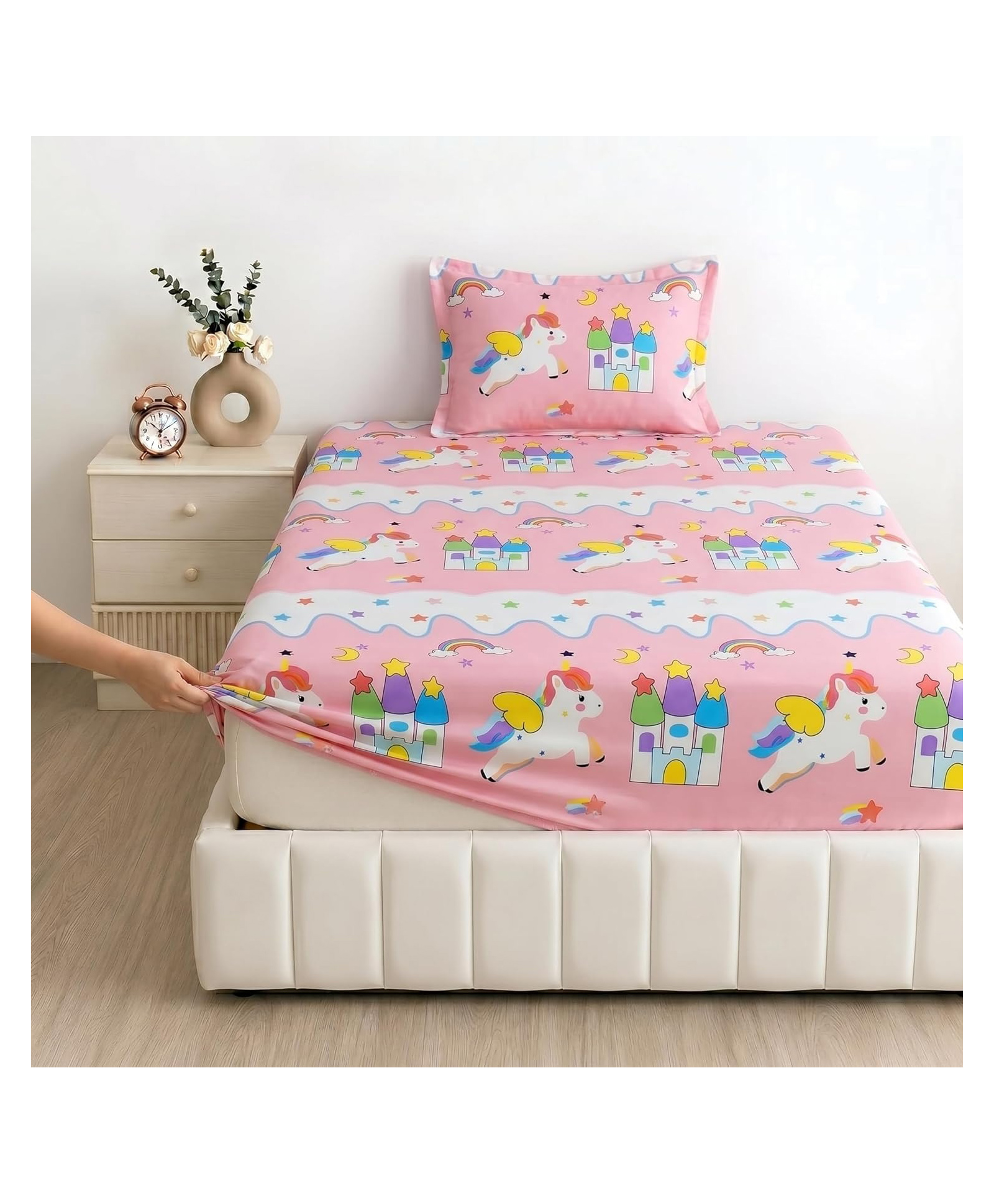Filymore Star Unicorn Printed Fitted Single Bedsheet for Kids Girls Room, Super Soft Microfiber Fitted Bed Sheet with Elastic, Bedsheet Size 72x36 Inch, Multicolor-image-13
