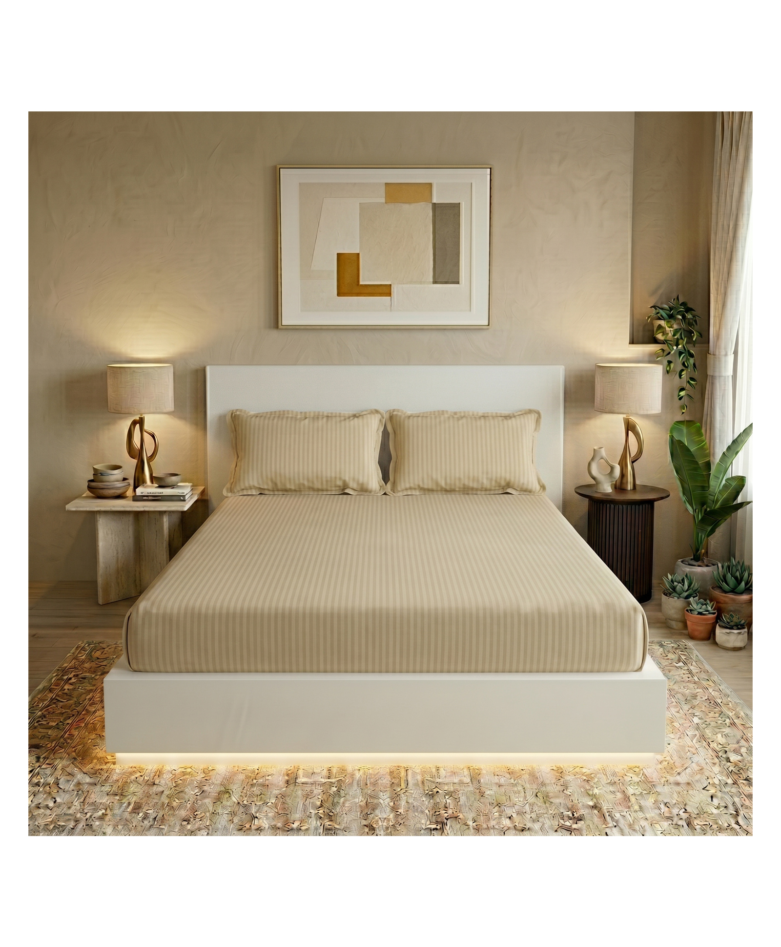 Filymore Cream Stripe Printed Double Bedsheet for Adult Bedroom, Super Soft Microfiber Bed Sheet with 2 Pillow Covers, Queen Size Bedsheet 228x228cm , Cream & White-image-49