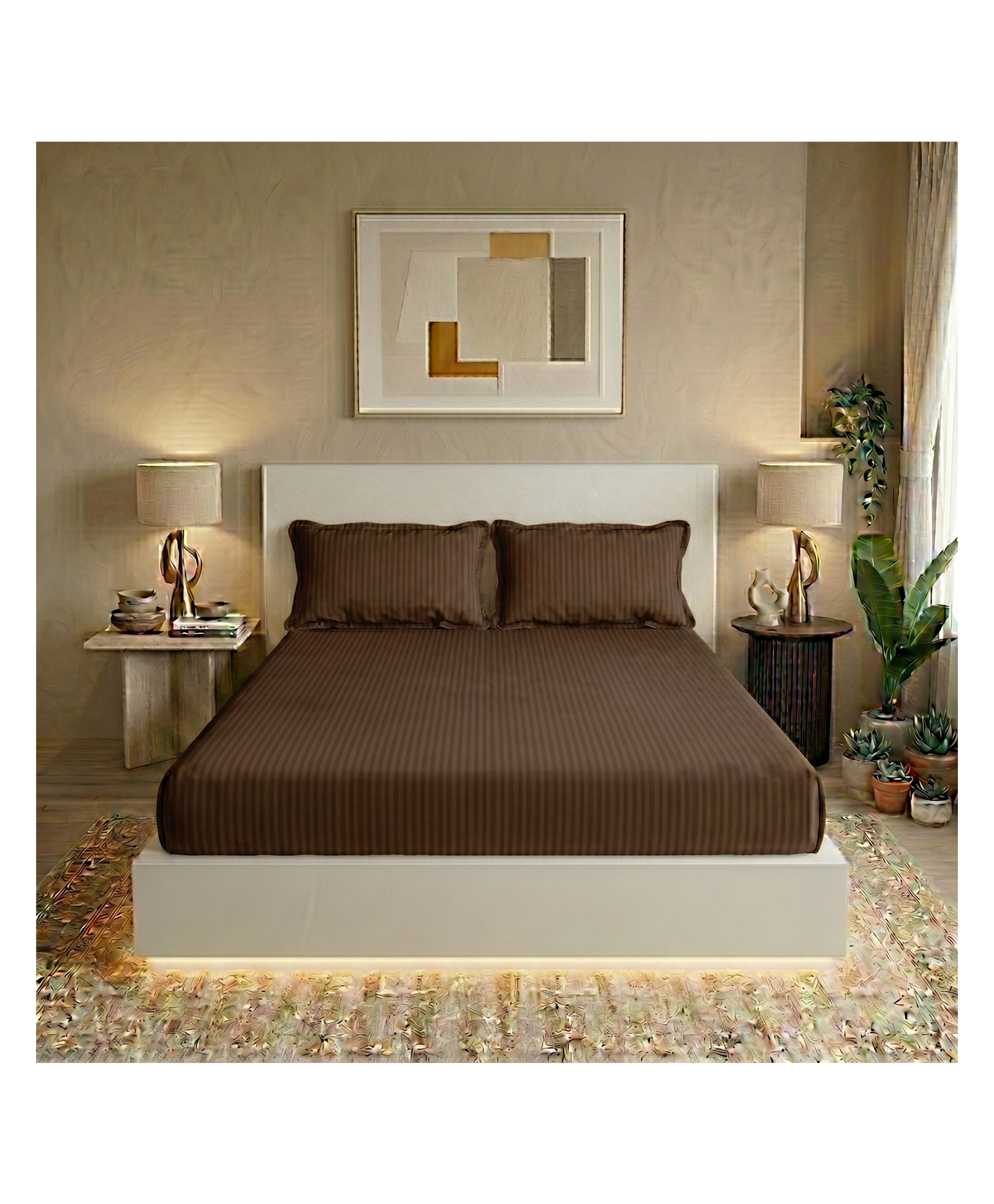 Filymore Brown Stripe Printed Double Bedsheet for Adult Bedroom, Super Soft Microfiber Bed Sheet with 2 Pillow Covers, Queen Size Bedsheet , 228x228cm Brown & Beige-image-26