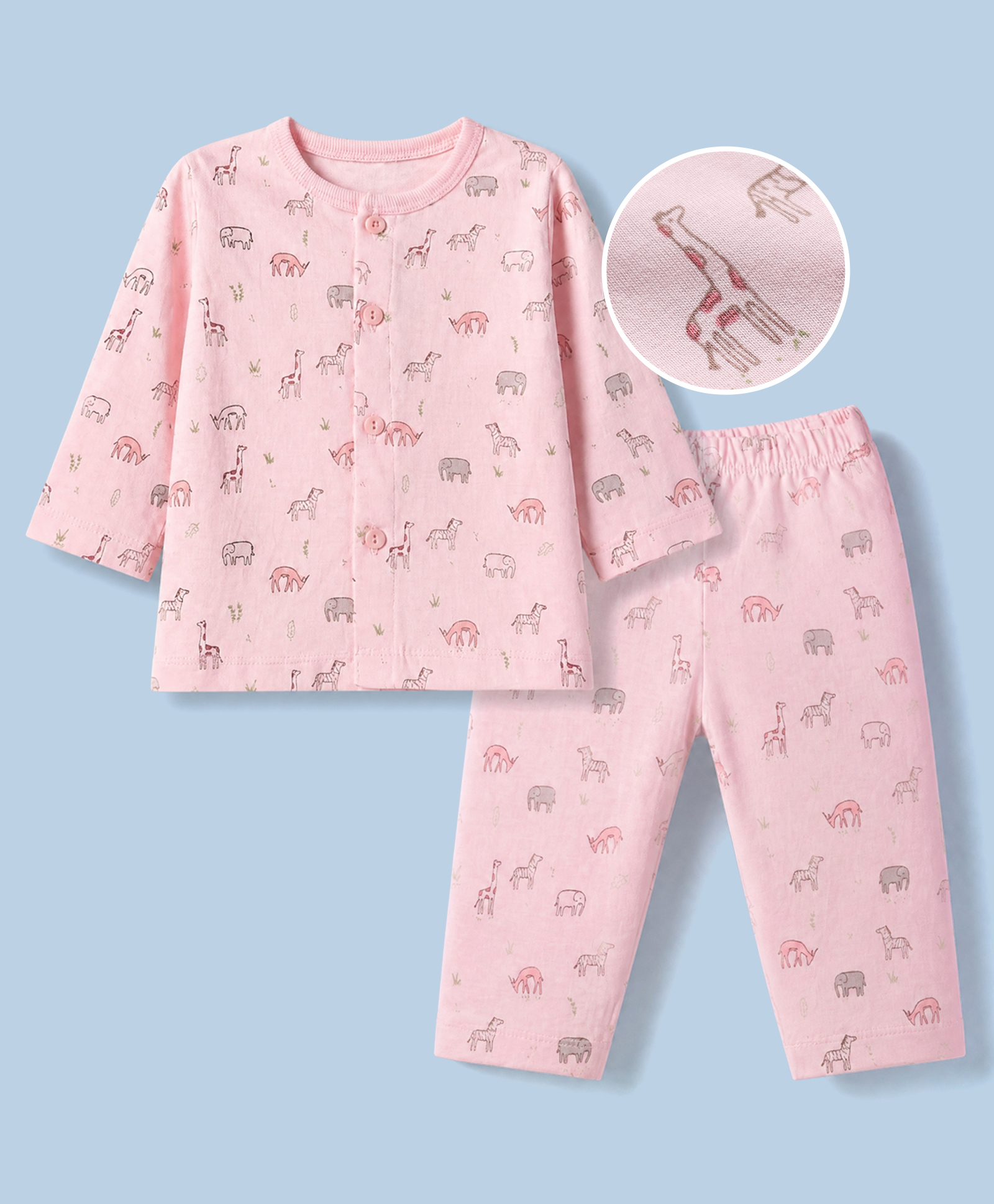 Zero Interlock Knit Full Sleeves Co-Ords T-Shirt & Pyjama Night Suit with Animal Print - Peach