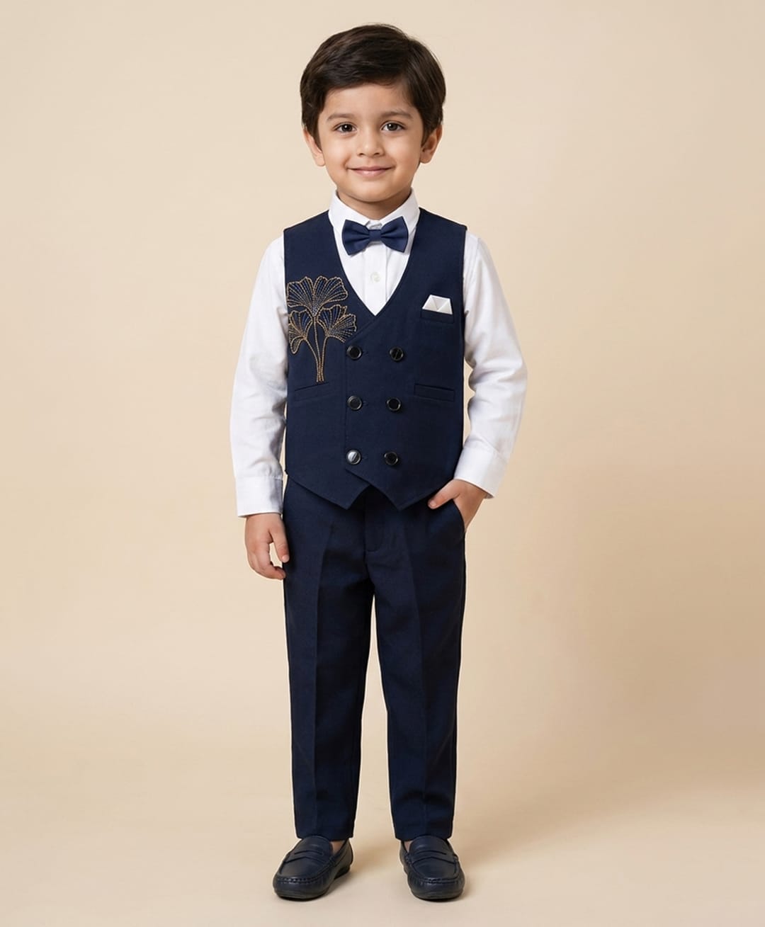 Rikidoos Cotton Woven Full Sleeves 3 Piece Party Suit With Floral Embellishment - Navy Blue & White-picture-18
