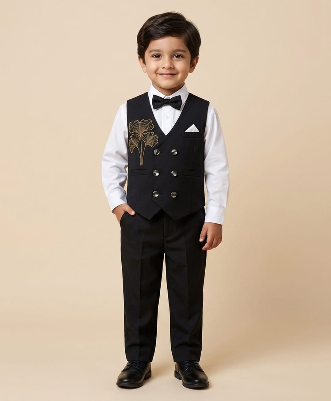 Rikidoos Cotton Woven Full Sleeves 3 Piece Party Suit With Floral Embellishment - Navy Black & White-picture-34