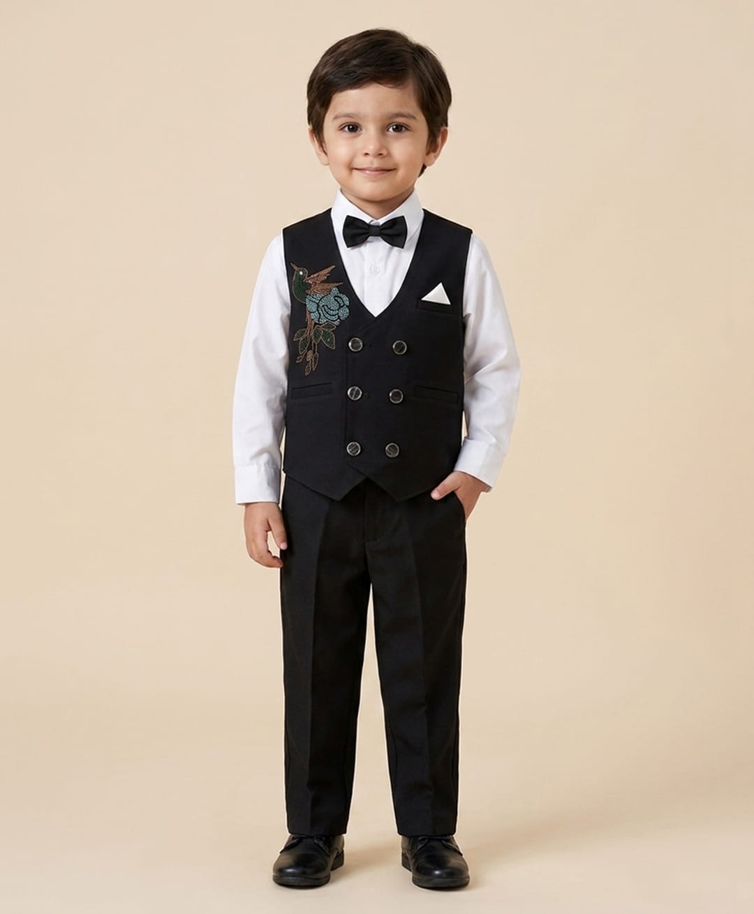 Rikidoos Cotton Woven Full Sleeves 3 Piece Party Suit With Birds Embellishment- Black & White-picture-22
