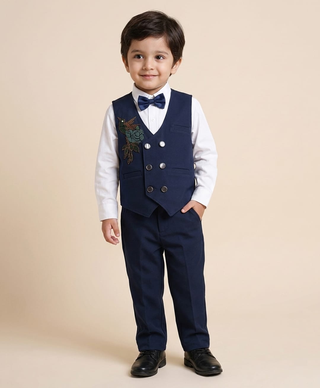 Rikidoos Cotton Woven Full Sleeves 3 Piece Party Suit With Birds Embellishment- Navy & White-picture-15