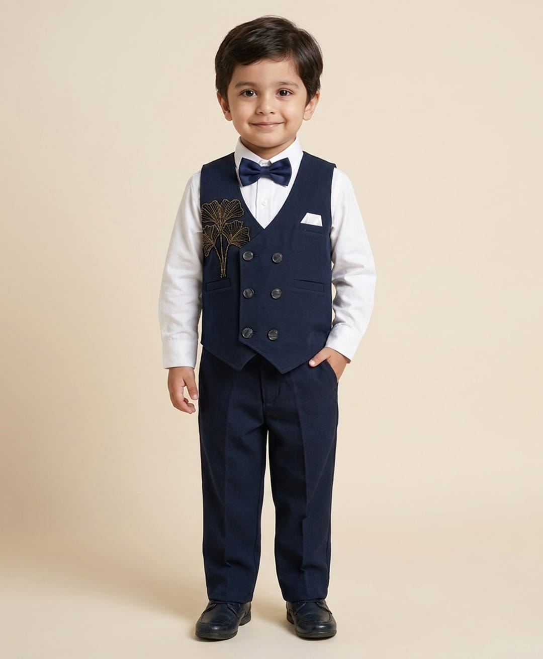 Rikidoos Cotton Woven Full Sleeves 3 Piece Party Suit With Bird Embellishment- Navy & White-picture-19