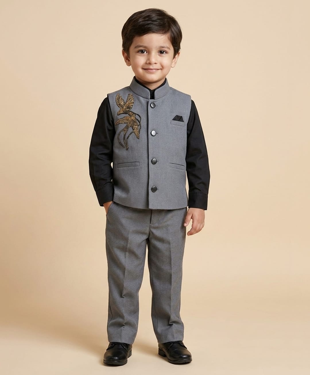 Rikidoos Cotton Woven Full Sleeves 3 Piece Party Suit With Birds Embellishment- Black & Grey-picture-1