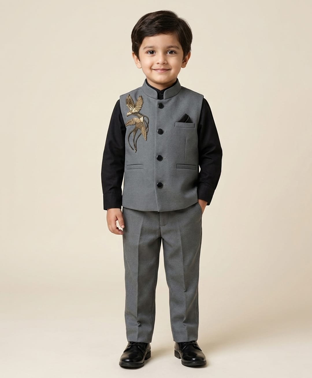 Rikidoos Cotton Woven Full Sleeves 3 Piece Party Suit With Birds Embellishment- Black & Grey-image-33