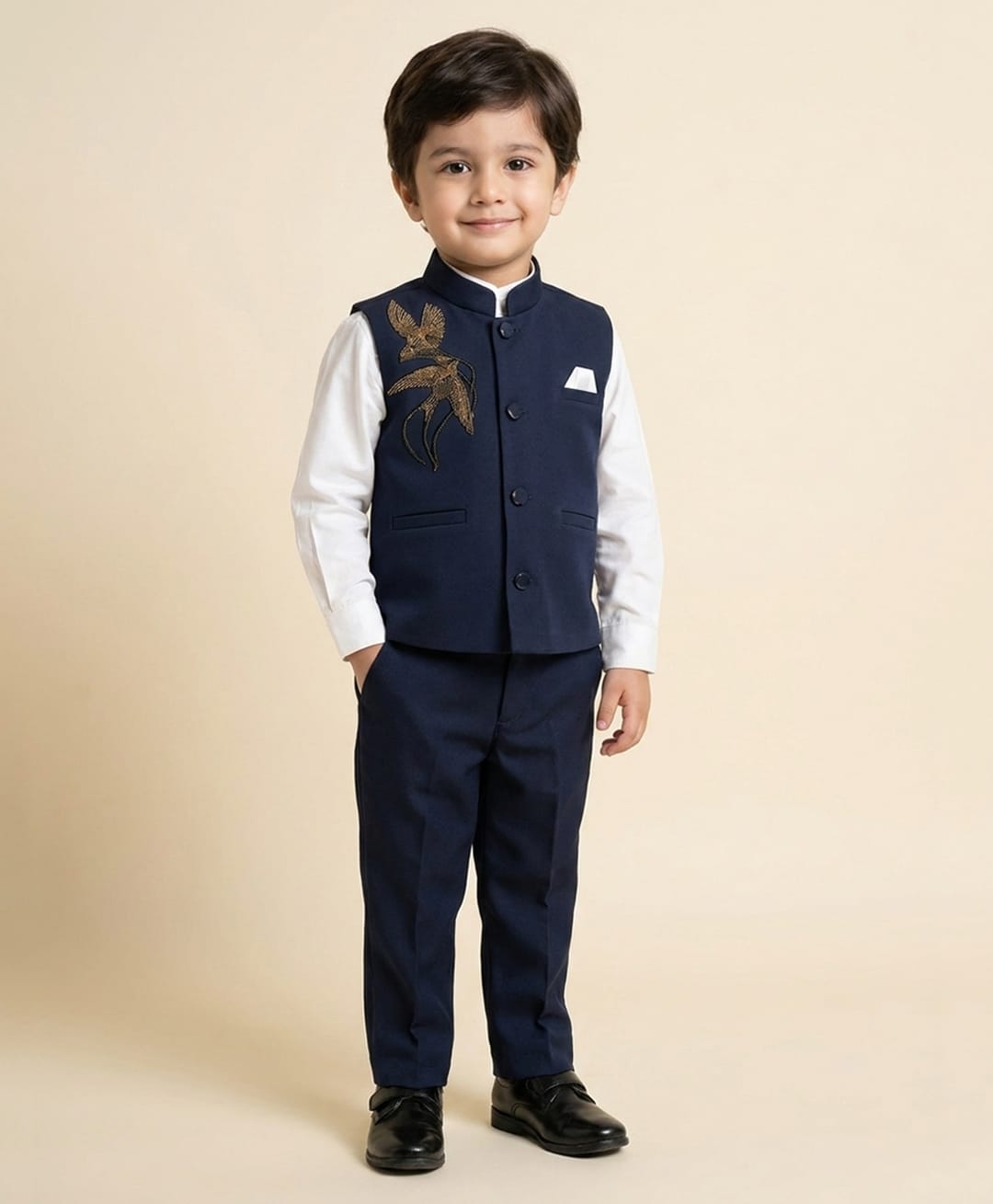 Rikidoos Cotton Woven Full Sleeves 3 Piece Party Suit With Birds Embellishment- Navy & White-picture-24