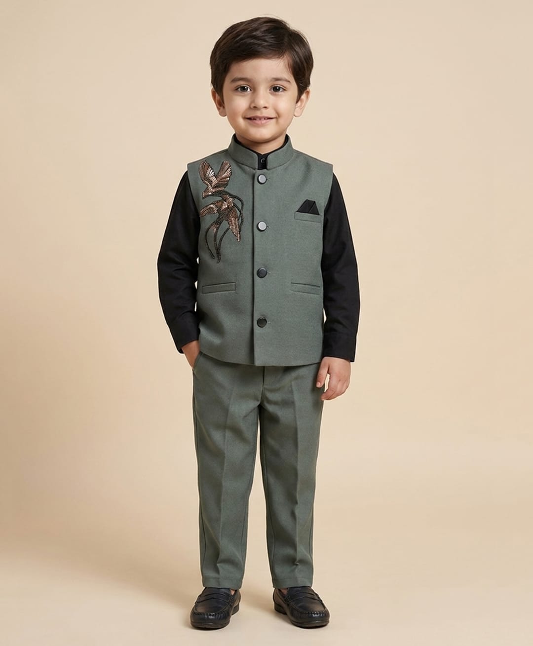 Rikidoos Cotton Woven Full Sleeves 3 Piece Party Suit With Birds Embellishment- Black & Green-picture-4