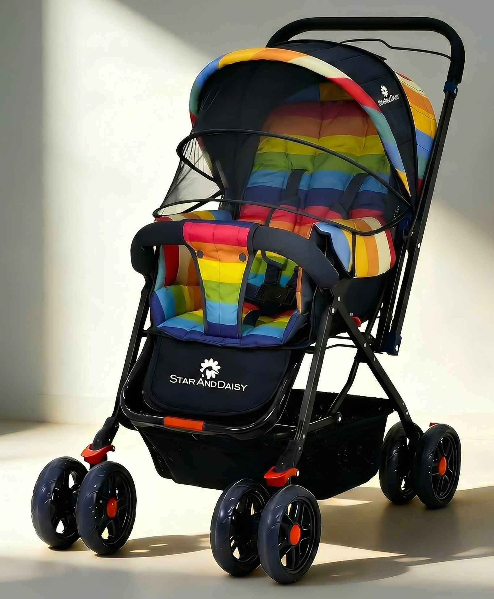 StarAndDaisy Stroller Lightweight, Foldable Pram for Baby 3-Point Safety Harness, Adjustable Backrest, 360°Swivel Wheel Reversible Handlebar, Extended Mosquito Net(Pi Rainbow)-picture-22