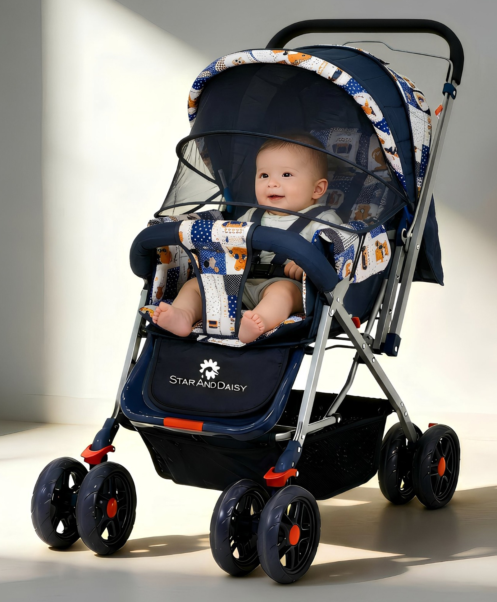 StarAndDaisy Stroller with Lightweight, Foldable Pram for Baby with 3-Point Safety Harness, Adjustable Backrest, 360° Swivel Wheel, Large Storage, Reversible Handlebar, Extended Mosquito Net-picture-10
