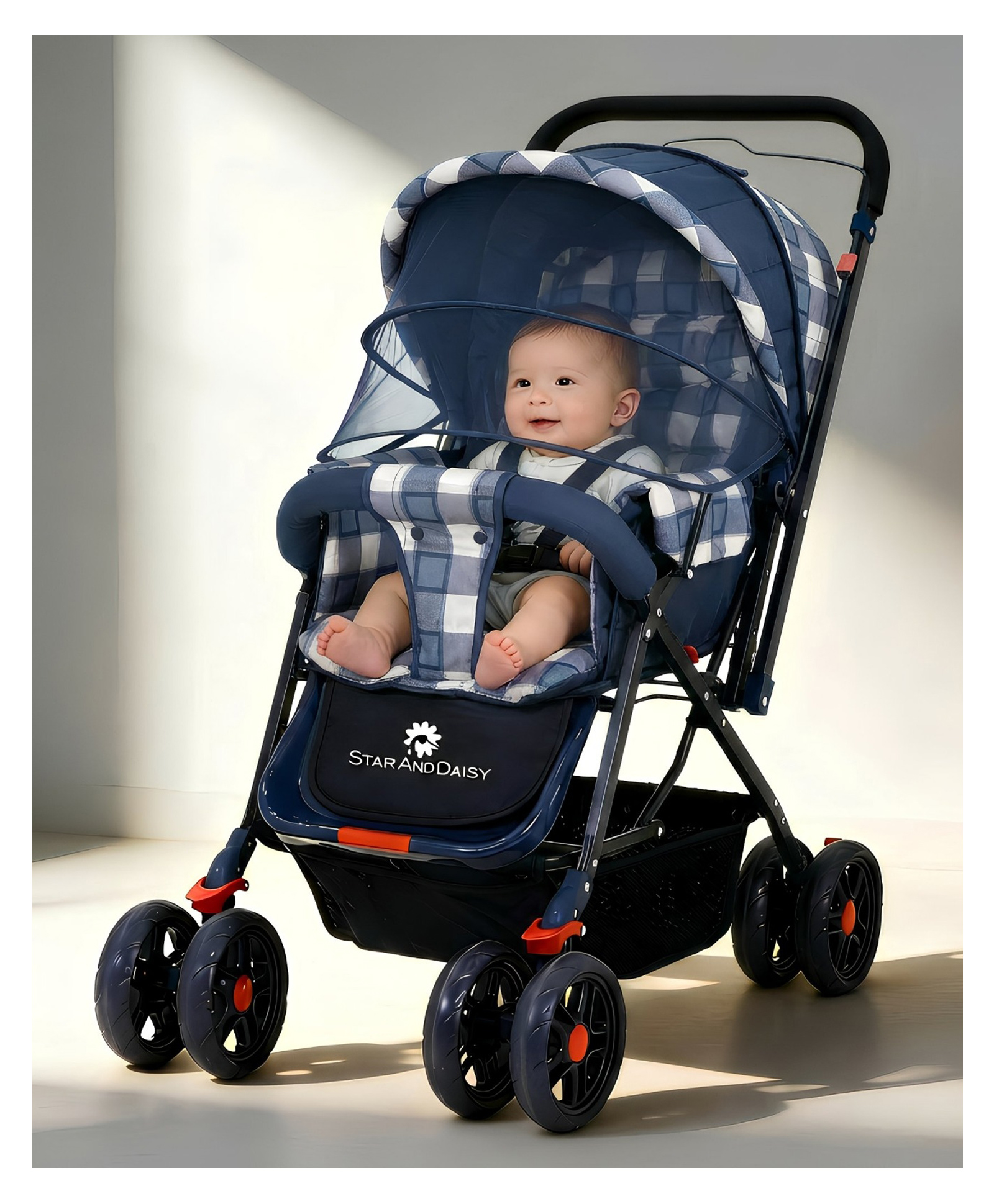 StarAndDaisy Stroller Lightweight, Foldable Pram for Baby with 3-Point Safety Harness, Adjustable Backrest, 360°Swivel Wheel, Large Storage, Reversible Handlebar, Extended Mosquito Net(Sigma)-picture-24