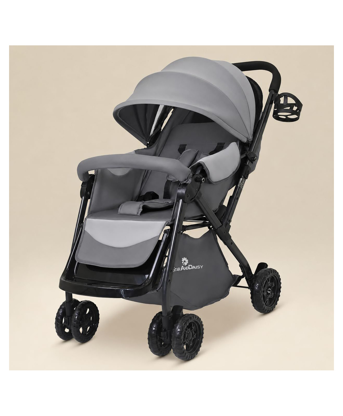 StarAndDaisy Foldable Stroller for Baby 0-3 Years Infant & Toddler / Travel Pram for Baby with Adjustable Canopy & Footrest with Lockable Wheels,Safety Harness Belt - Grey-picture-13
