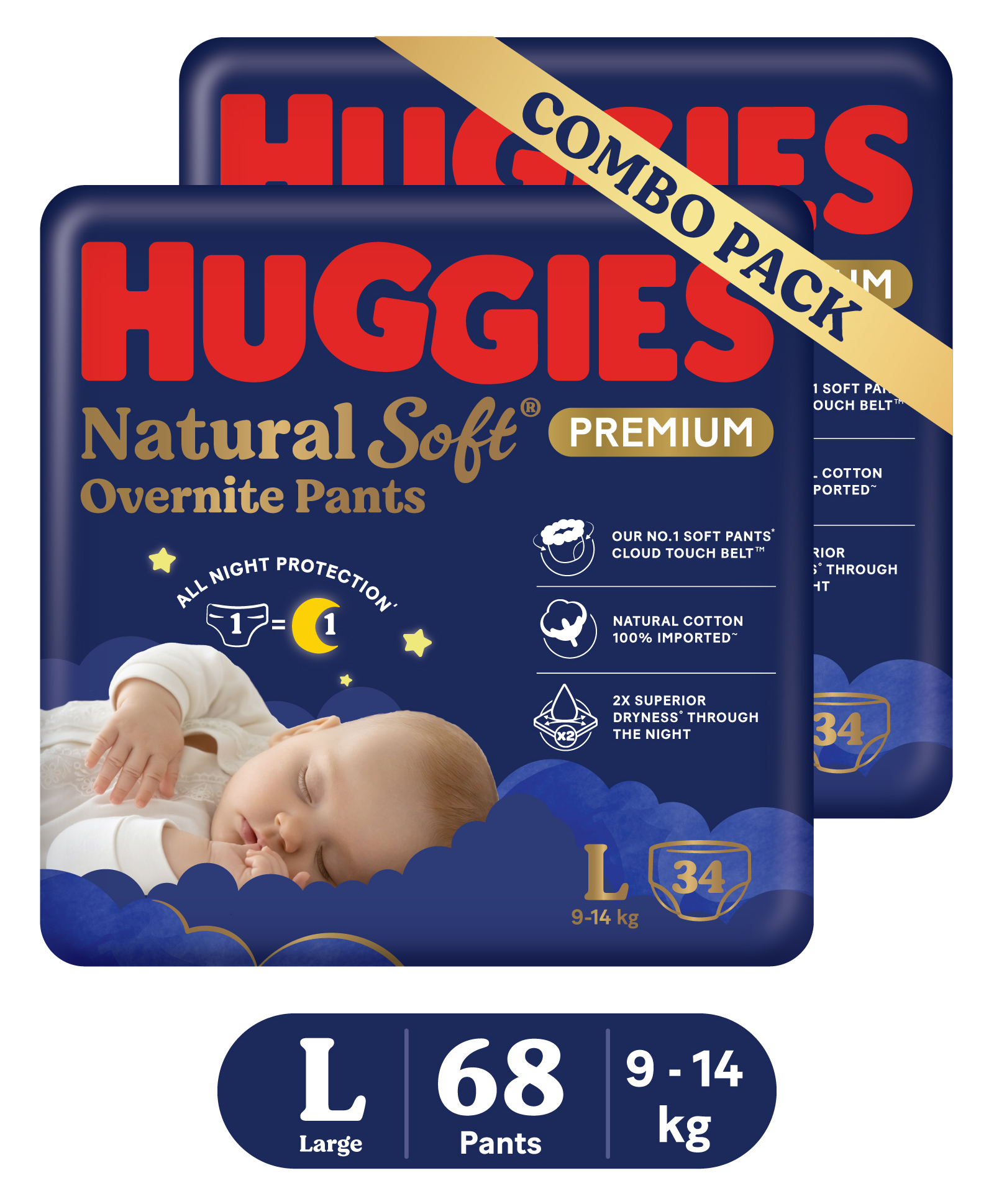 Huggies Natural Soft Overnite Diaper Pants| Premium Pant Style Baby Diapers Large Size (L Size | 9-14 Kgs) , 34 count| Keeps baby dry all night with cloud softness all over -Pack of 2-image-24