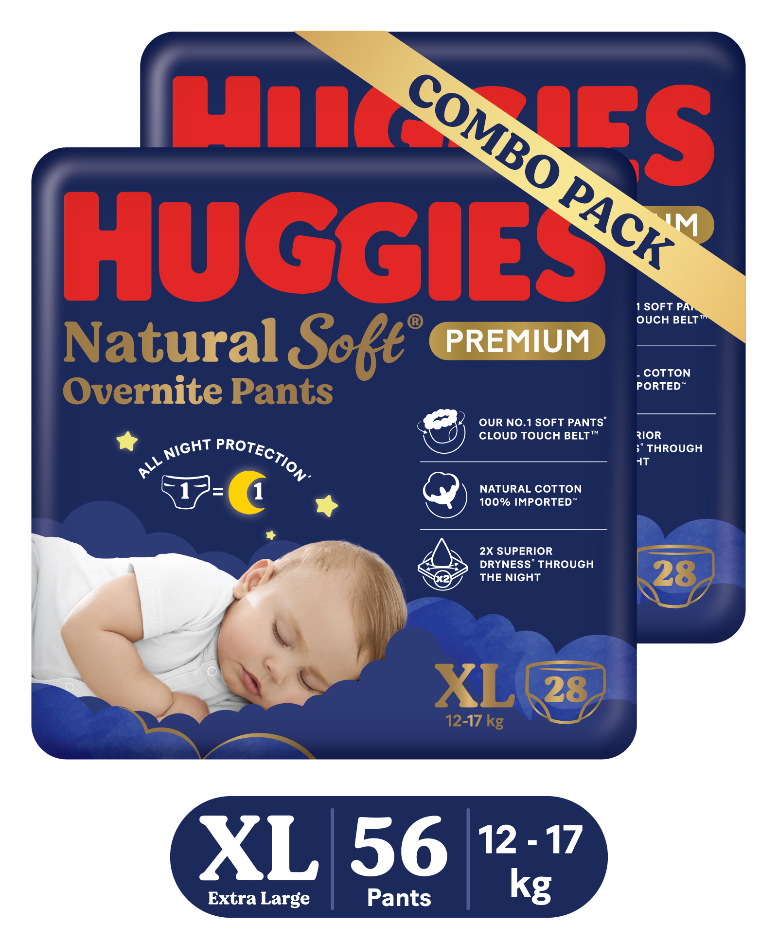 Huggies Natural Soft Overnite Diaper Pants| Premium Pant Style Baby Diapers Extra Large Size (XL Size | 12-17 Kgs) , 28 count| Keeps baby dry all night with cloud softness all over - Pack of 2-image-39