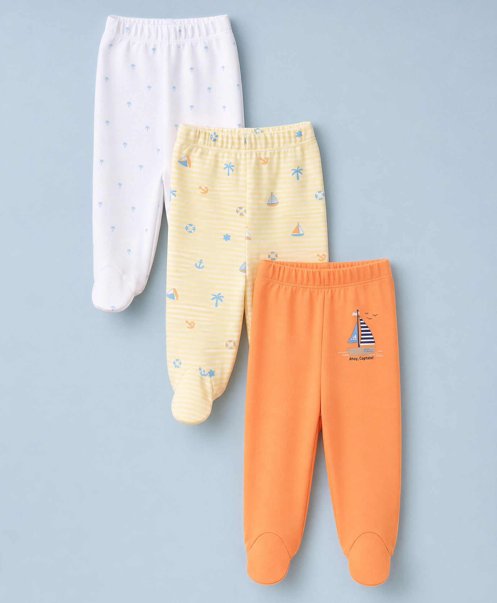 Babyhug Cotton Knit Striped Nautical & Beach Theme Printed Bootie Leggings Pack Of 3 - Orange Yellow & White-picture-28