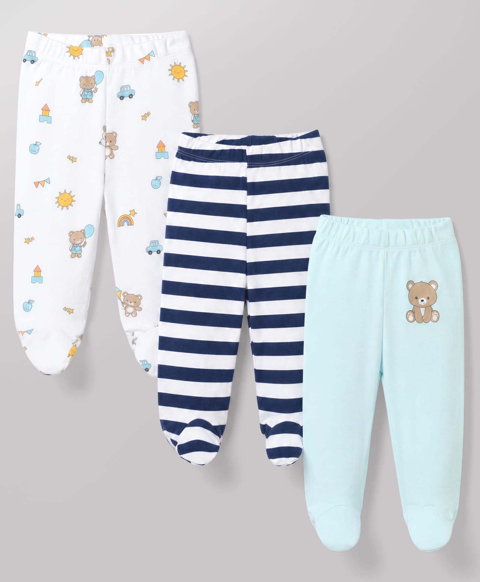 Babyhug Cotton Knit Full Length Striped Bootie Leggings With Bear Print Pack of 3 - Blue, White & Black-picture-17