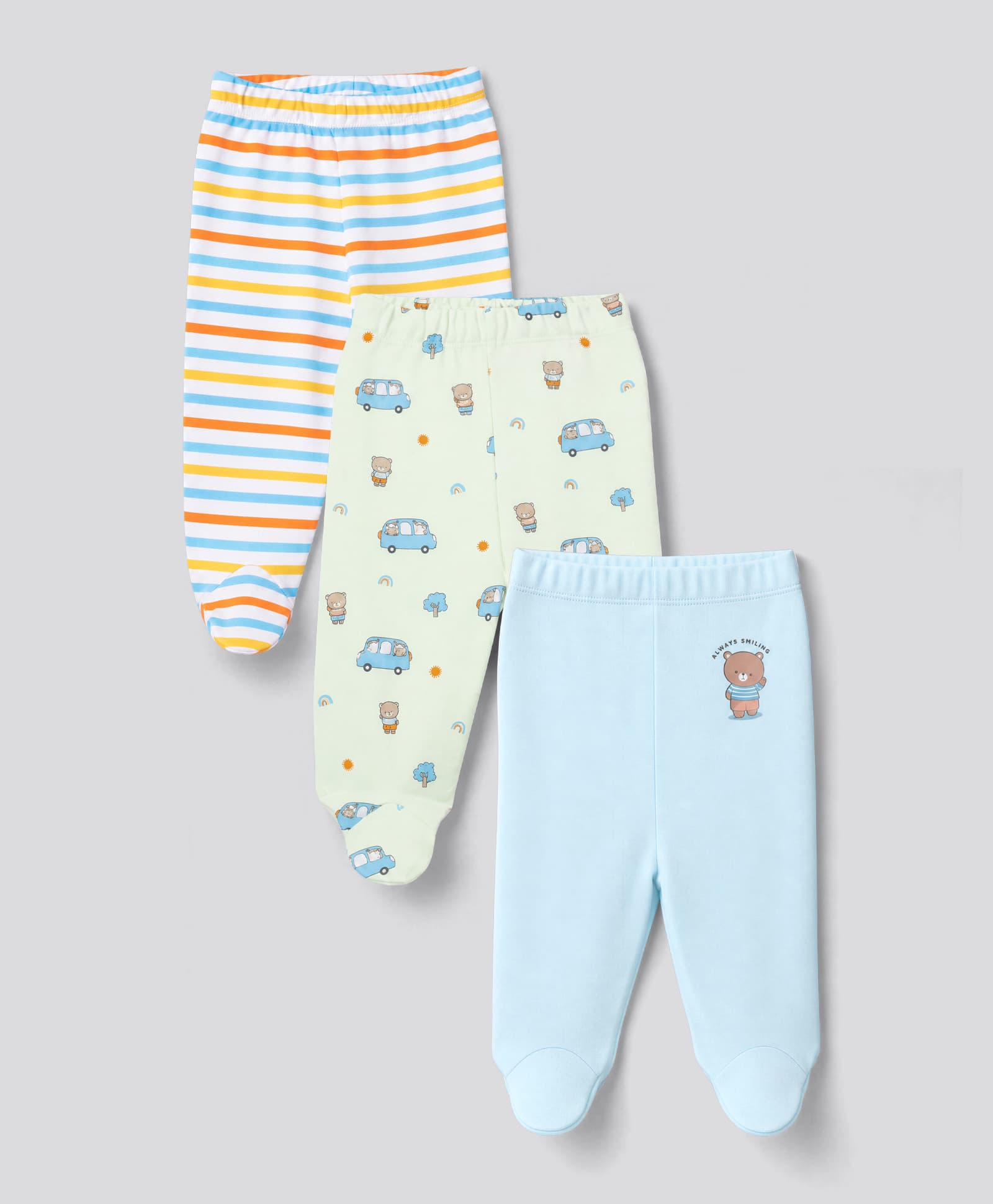 Babyhug Cotton Knit Striped & Bear Printed Bootie Leggings Pack Of 3 - Light Blue White & Orange-picture-16