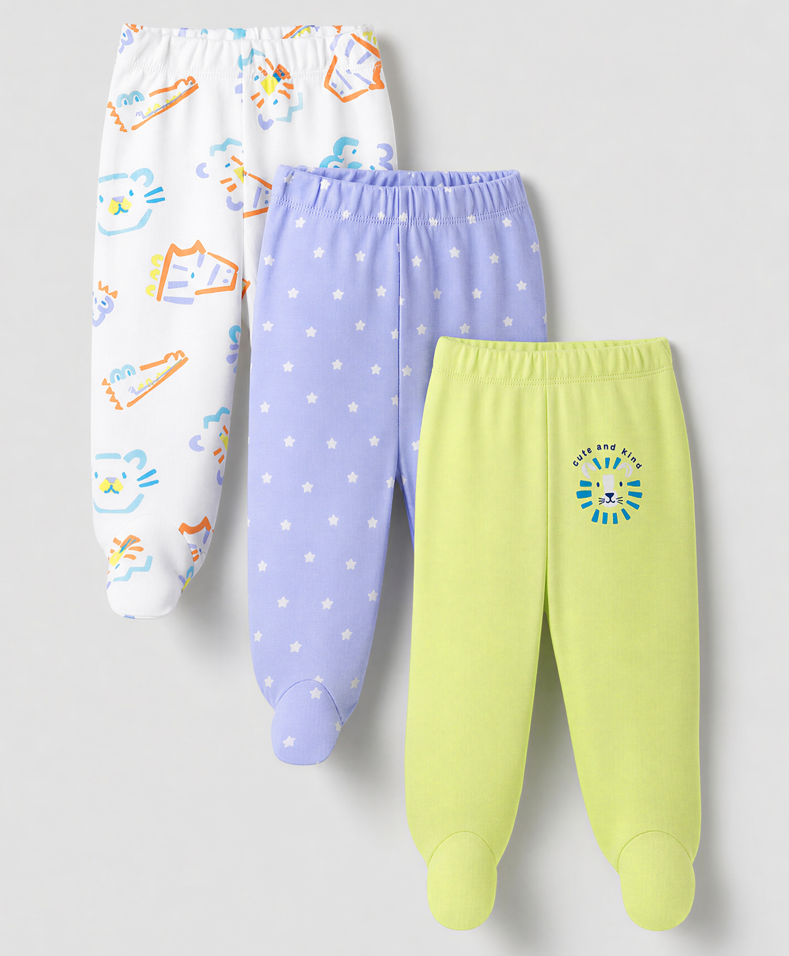 Babyhug Cotton Knit Bootie Leggings with Animal , Star & Text Print Pack of 3 - White , Green & Violet-image-22