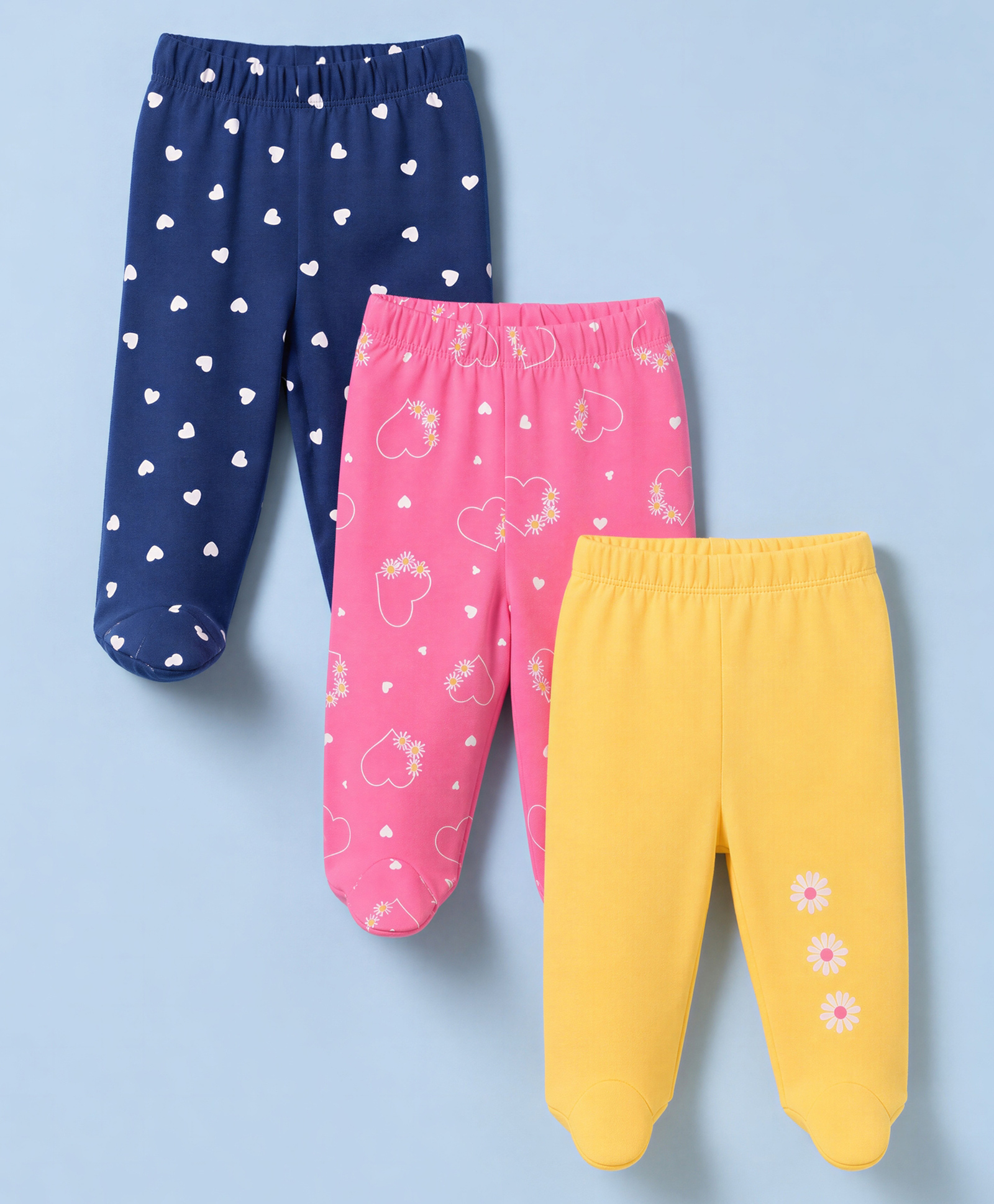 Babyhug Cotton Knit Full Length Hearts & Floral Printed Bootie Leggings Pack Of 3 - Pink Navy Blue & Yellow-image-10