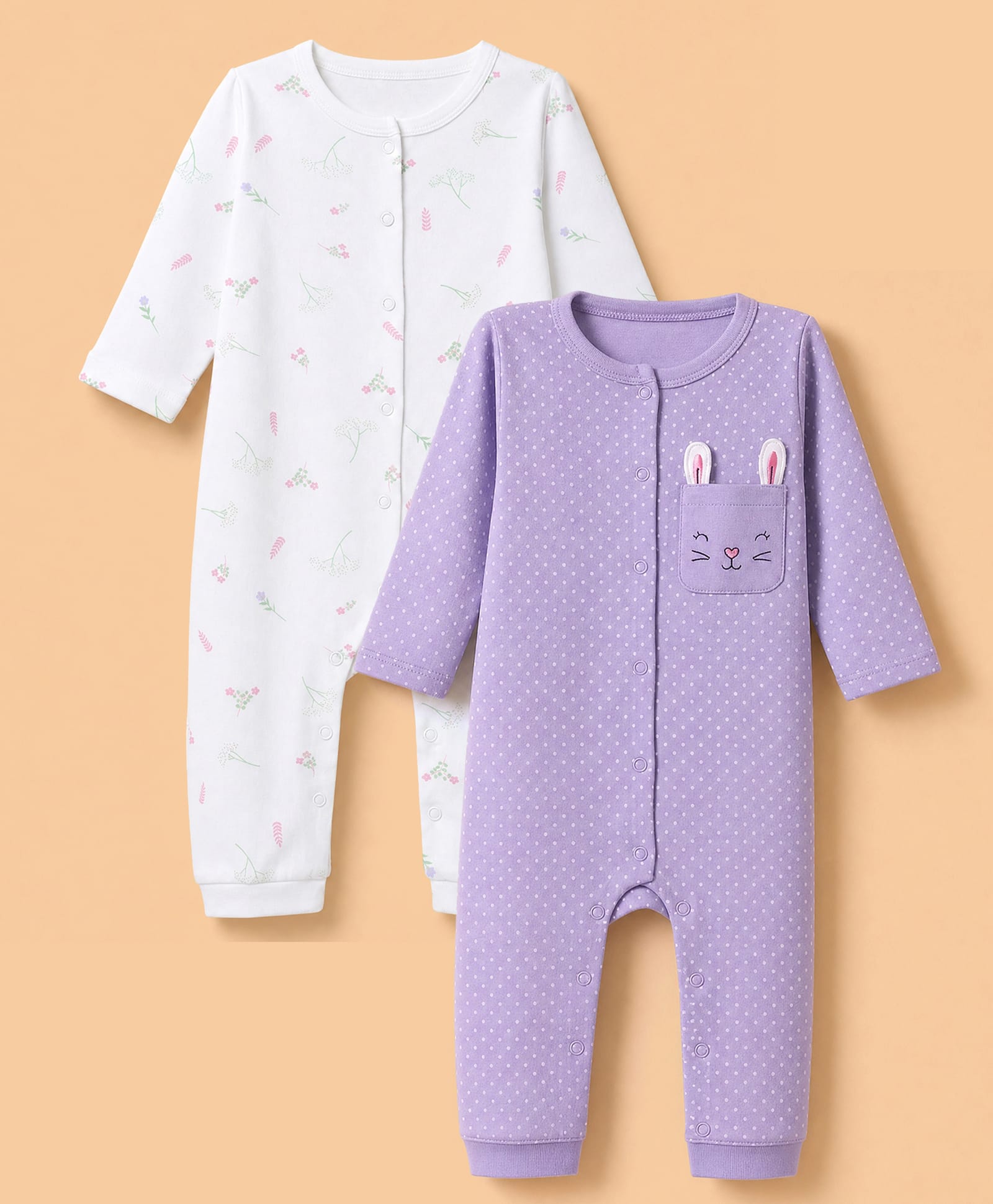 Babyhug Interlock Knit 100% Cotton Full Sleeves With Floral & Polka Dot Print Rompers Pack of 2 - White & Purple-image-2