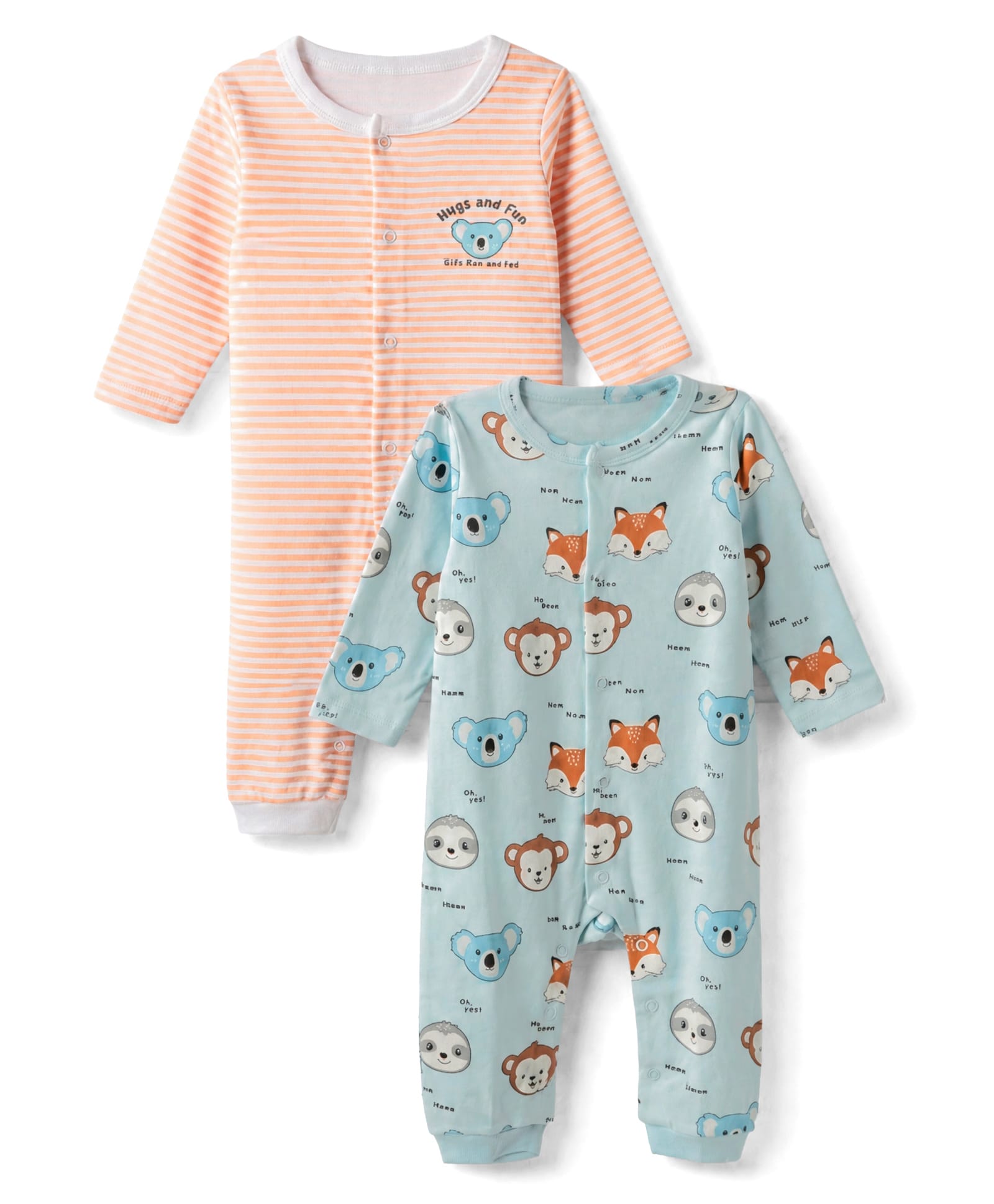 Babyhug 100% Cotton Interlock Knit Full Sleeves Striped Rompers With Animal Print Pack of 2 - Peach & Blue-picture-19