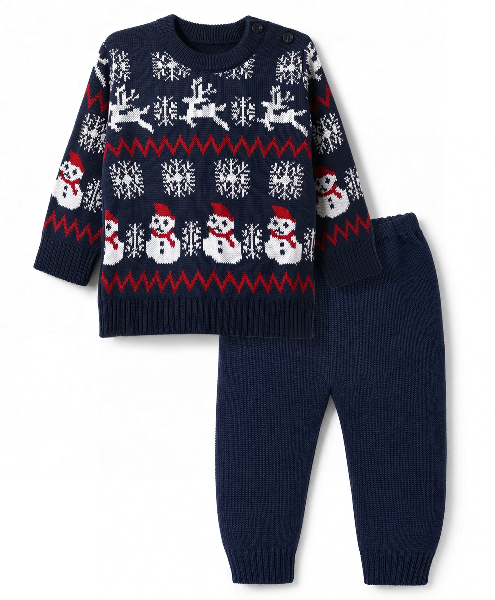 Babyhug Knit Full Sleeves Sweater Set with Snow-Man & Snow Deer Design - Navy Blue-picture-16