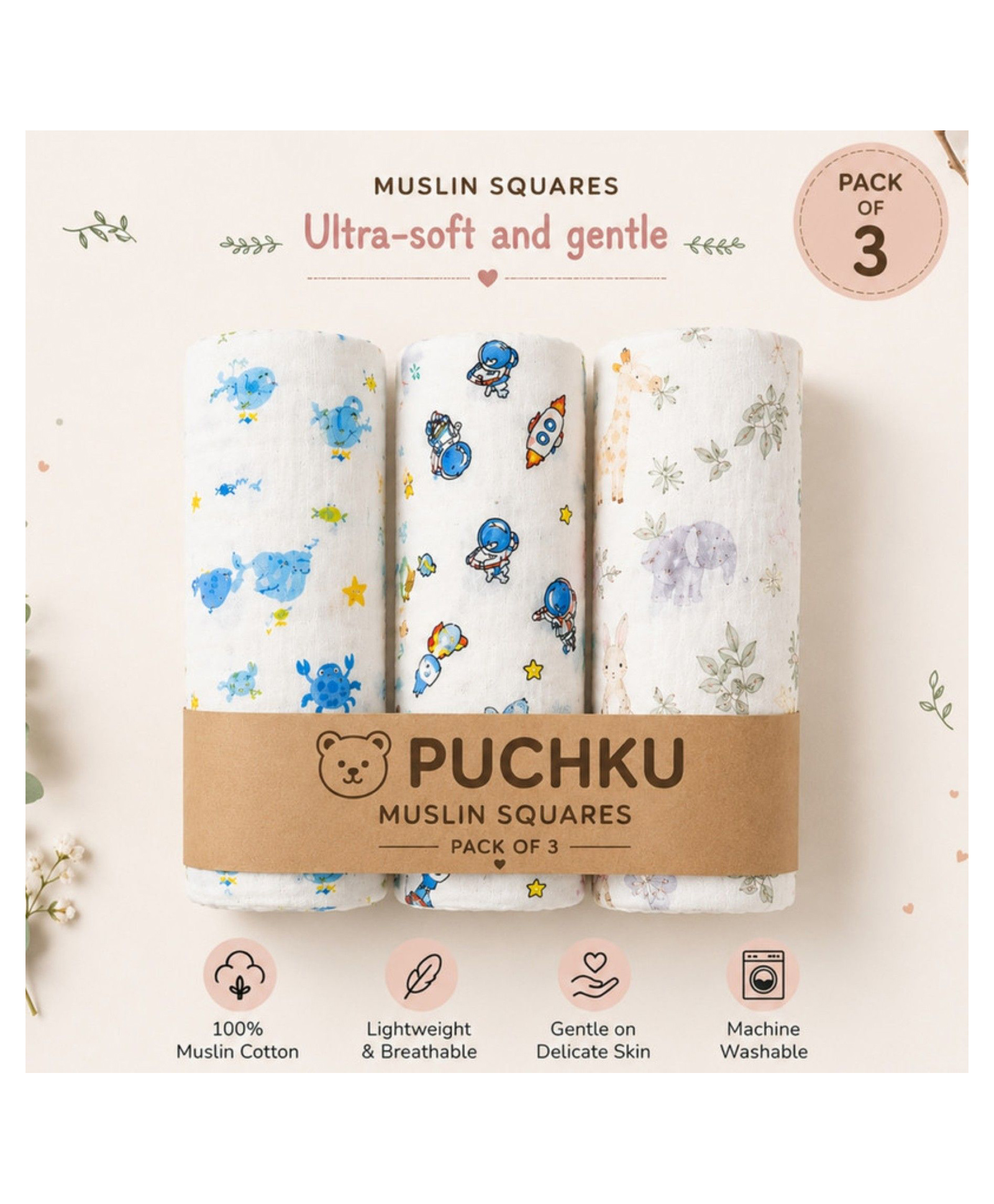 Puchku Premium Muslin Baby Hanky - Ultra Soft, Absorbent, Multipurpose Cloth for Newborns & Infants Set of 3-image-32