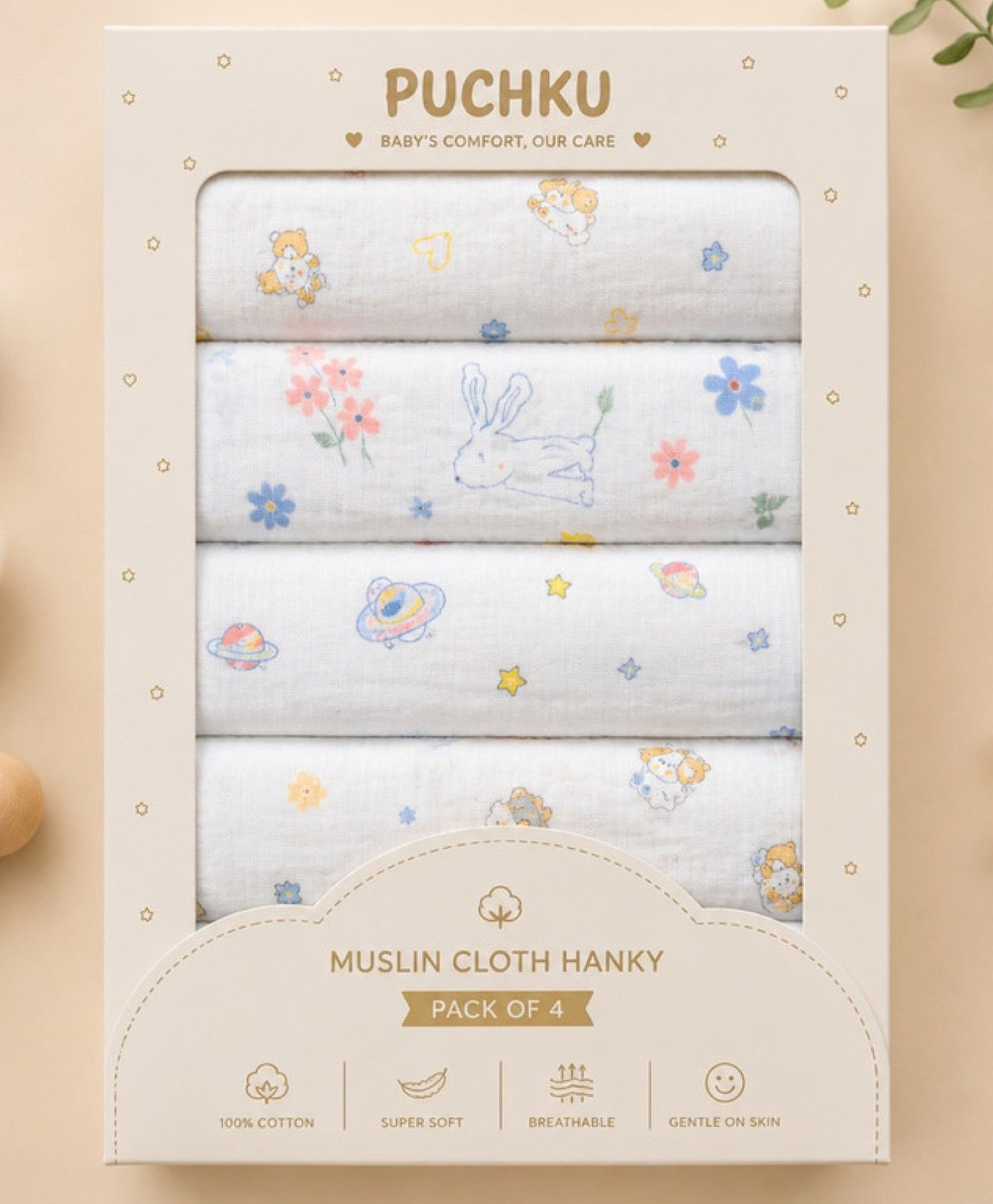 Puchku Premium Muslin Baby Hanky - Ultra Soft, Absorbent, Multipurpose Cloth for Newborns & Infants Set of 4-image-31