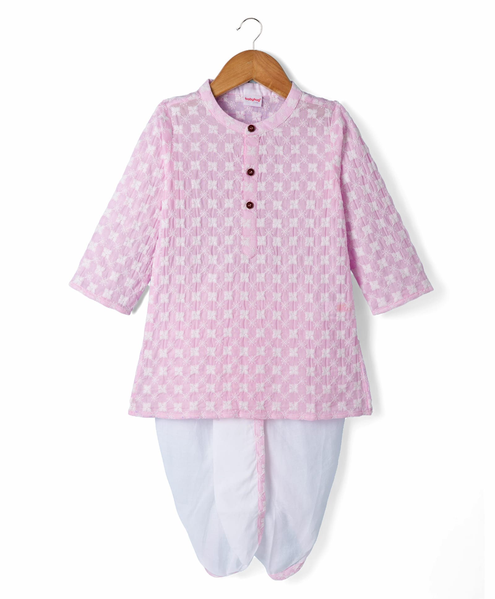 Babyhug 100% Cotton Woven Full Sleeves Cambric Floral Embroidered Kurta & Dhori Set - Pink-picture-26