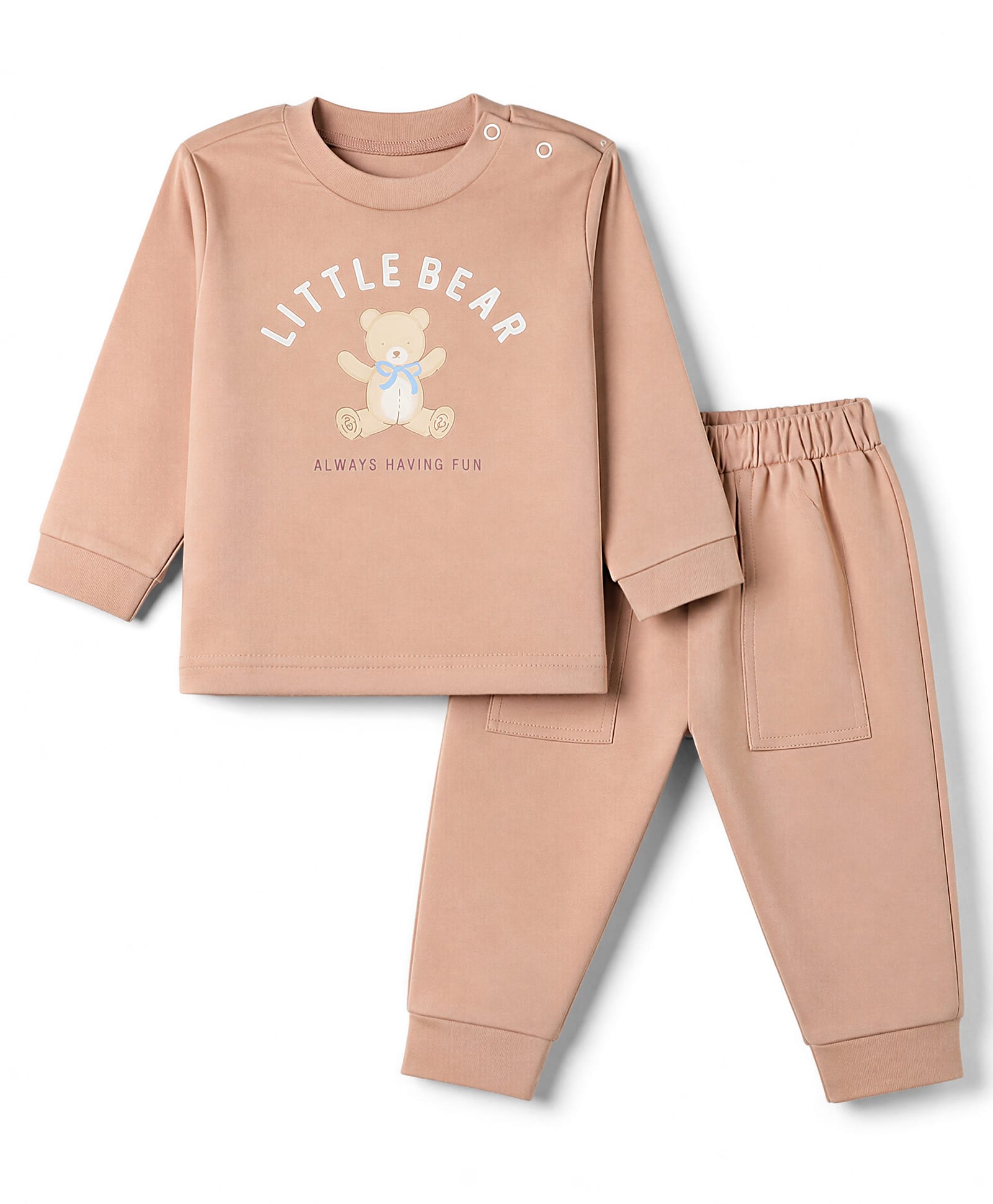 Zero Sinker Knit Full Sleeves T-Shirt and Joggers Set with Bear Print - Dark Peach-picture-4