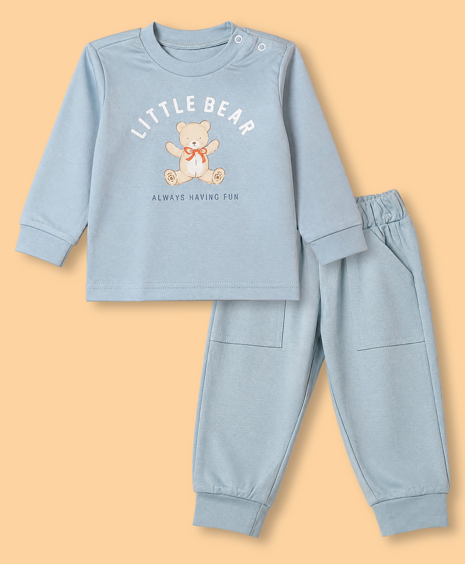 Zero Sinker Knit Full Sleeves T-Shirt and Joggers Set with Bear Print - Blue-picture-22