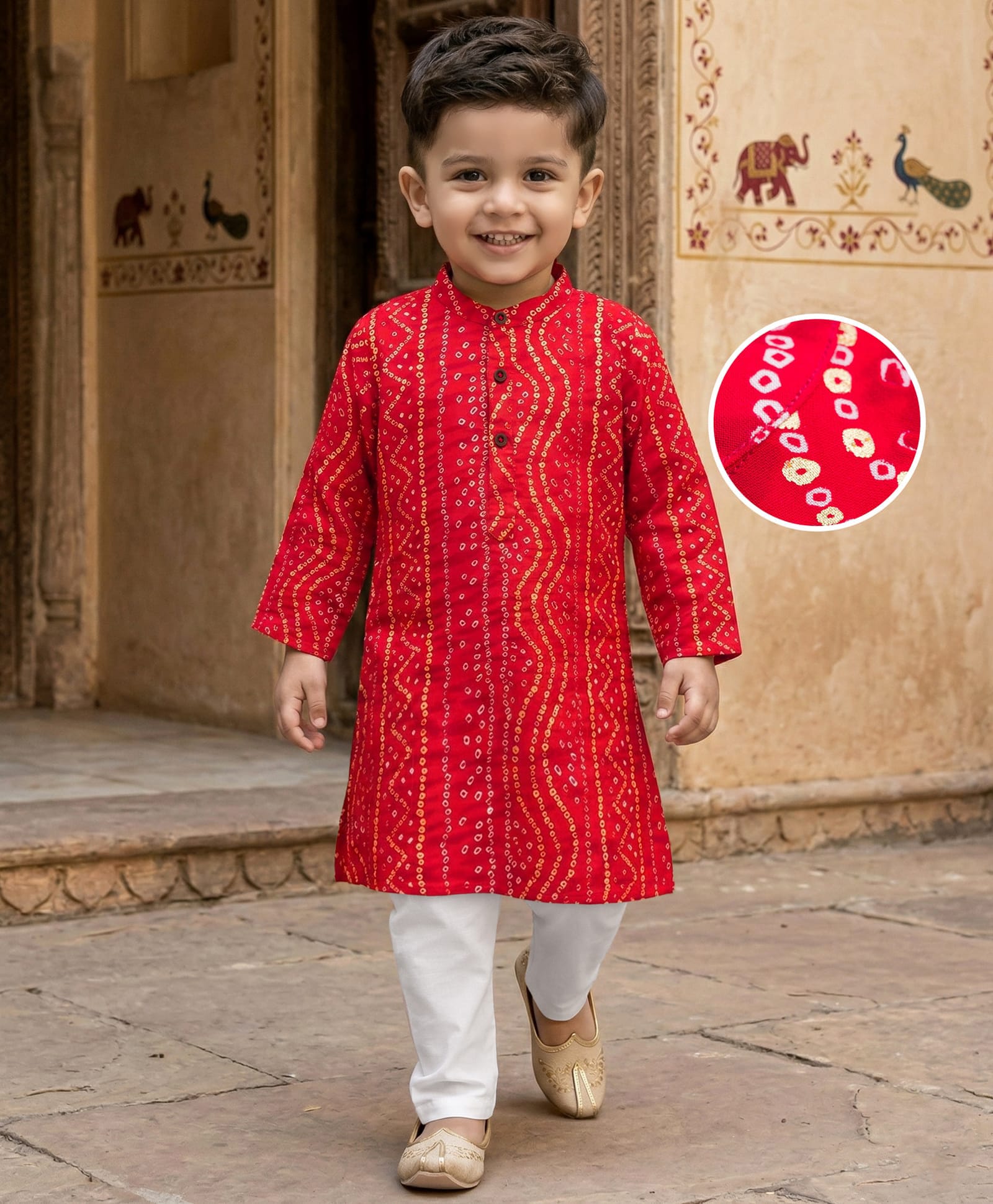Babyhug Cambric Woven Full Sleeves Kurta Pajama Set with Bandhani Print - Red-picture-11