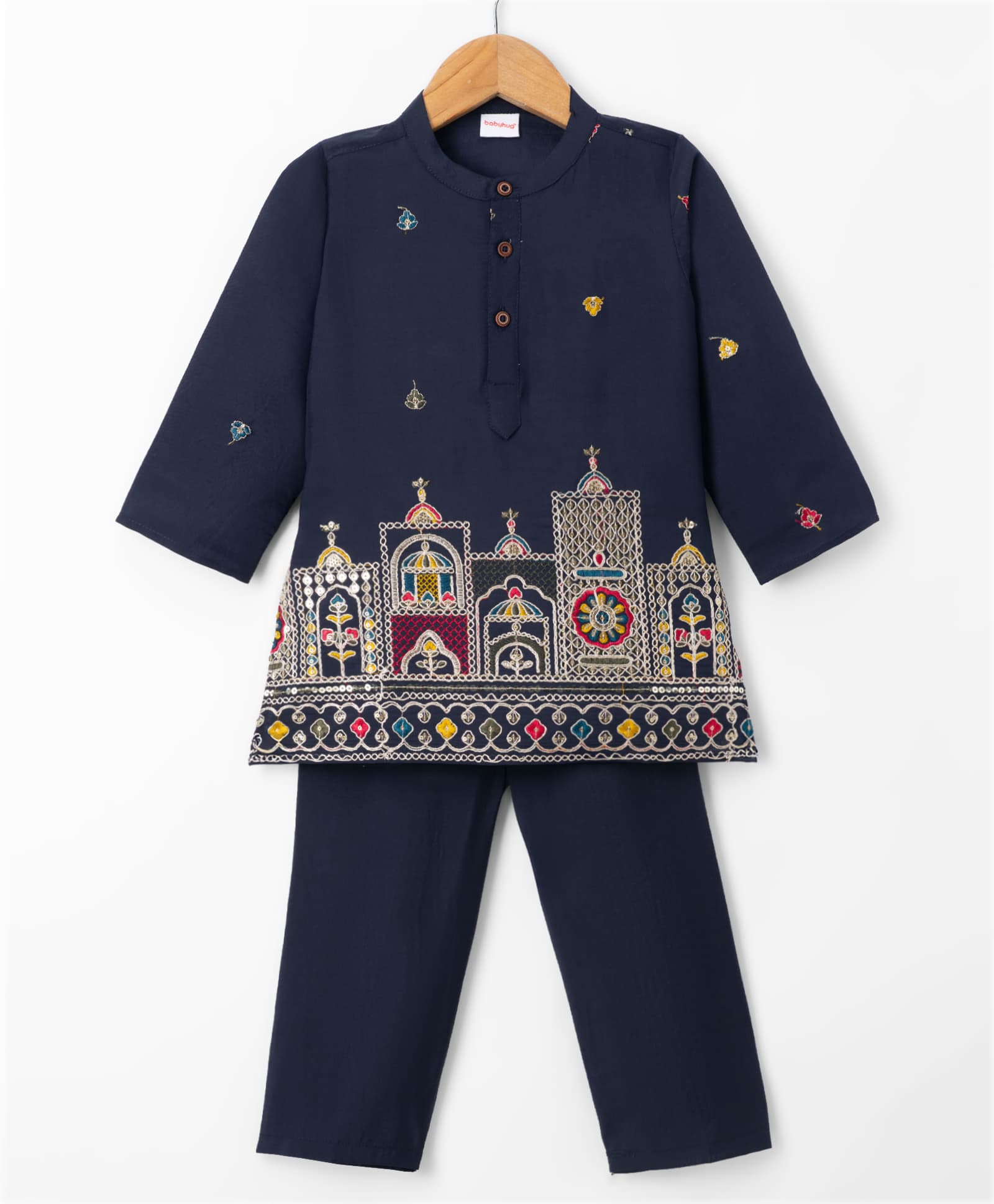 Babyhug Cambric Woven Floral Embroidered Sequin Detailng Kurta Pyjama Set - Navy-image-21