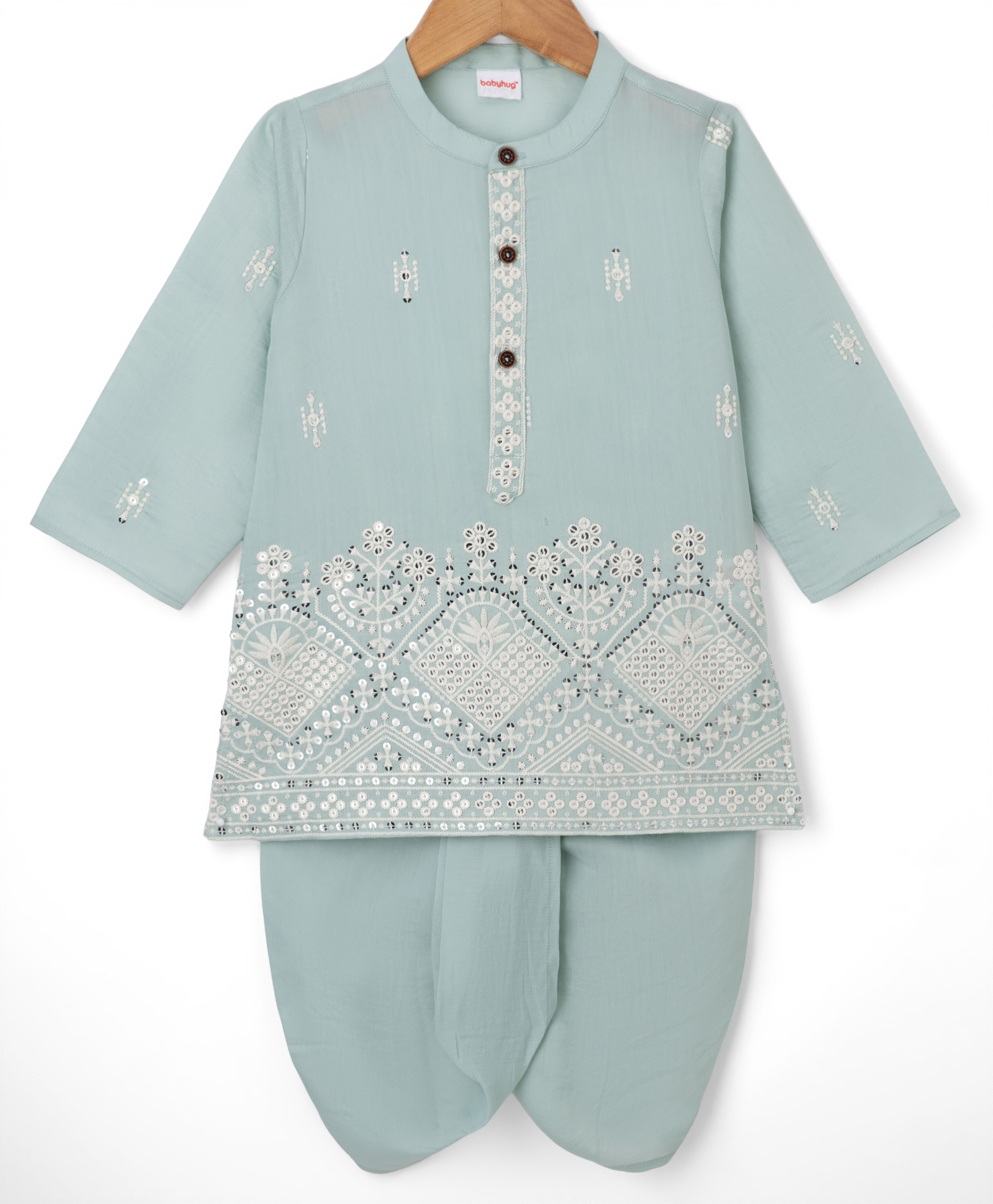 Babyhug Woven Full Sleeves Floral Embroidered Dhoti Kurta Set With Sequin Detailing - Teal Blue-picture-16