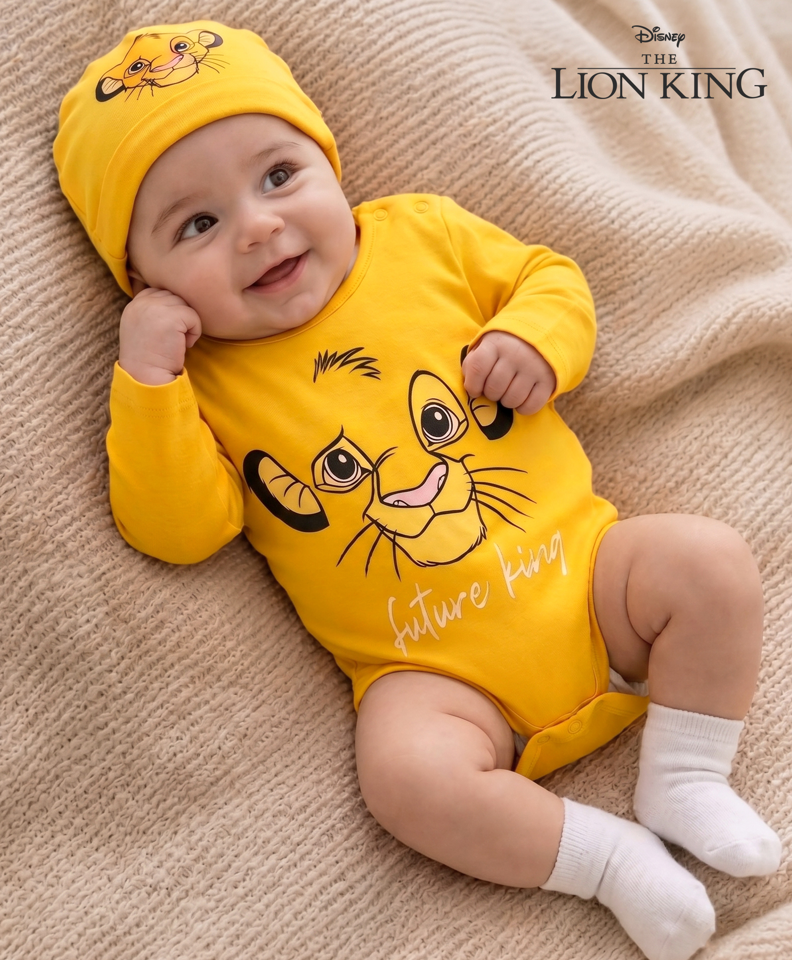 Babyhug Disney Interlock Knit Full Sleeves Onesie With Cap and Lion King Graphic - Yellow