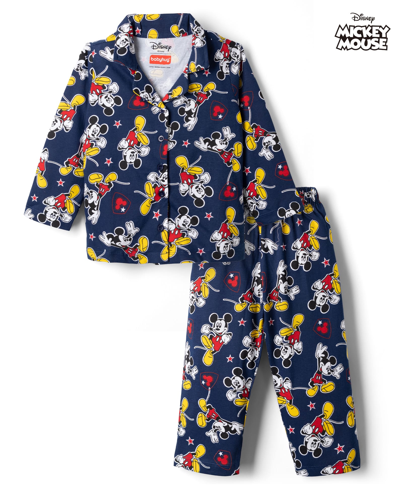Babyhug Disney Single Jersey Knit Full Sleeves Front Open Shirt & Pyjama Night Suit Co-Ords Set With Mickey Mouse Graphic - Navy Blue-image-14