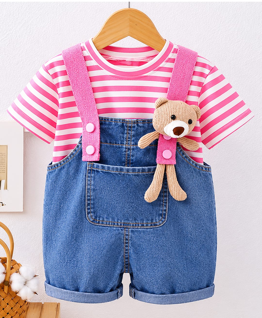 POP STREET KIDS Cotton Blend Knit Bear Applique Detailed Dungaree With Half Sleeves Striped Tee - Pink-image-26