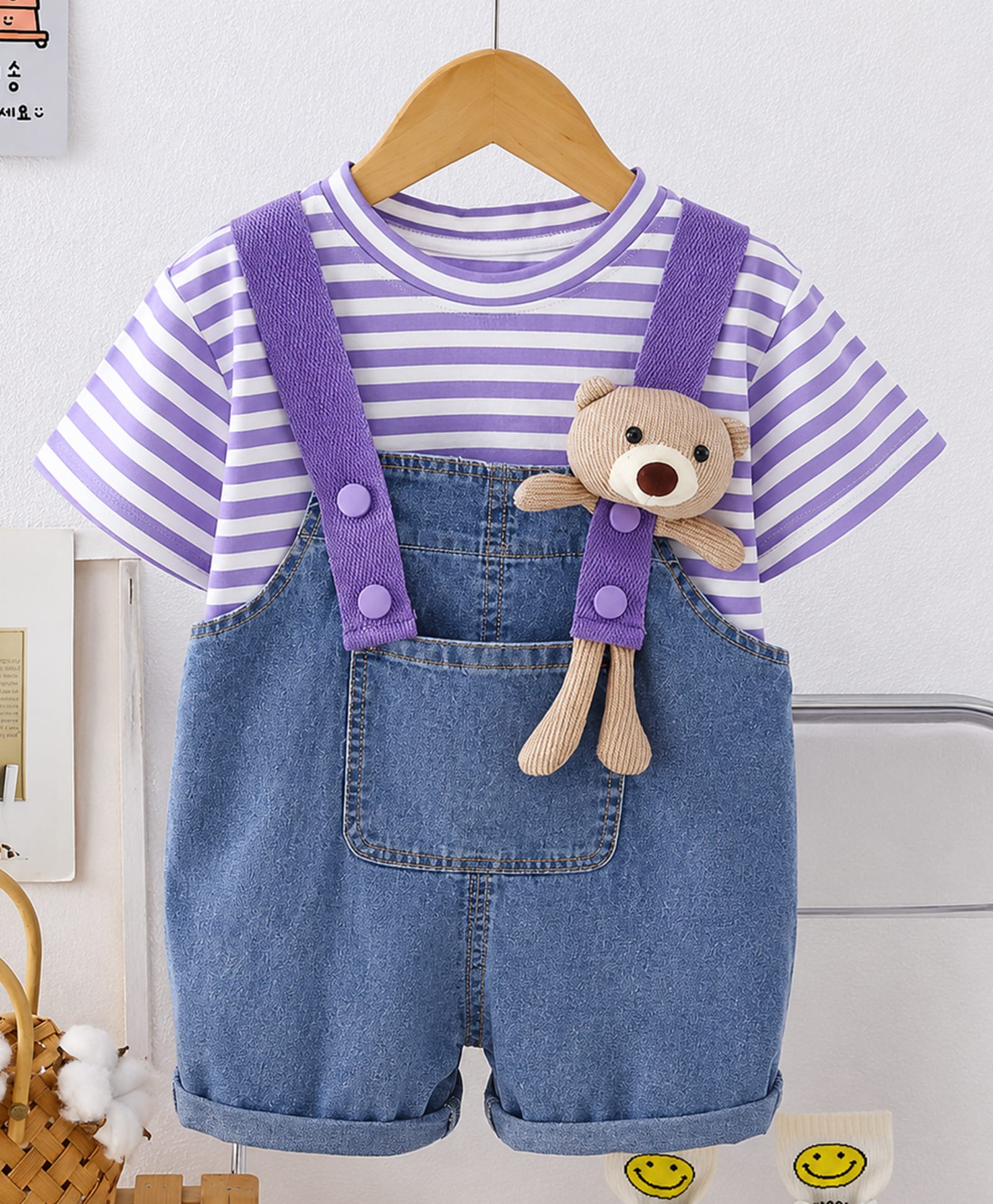 POP STREET KIDS Cotton Blend Denim Teddy Bear Applique Detailed Dungaree With Half Sleeves Striped Tee - Purple-image-3