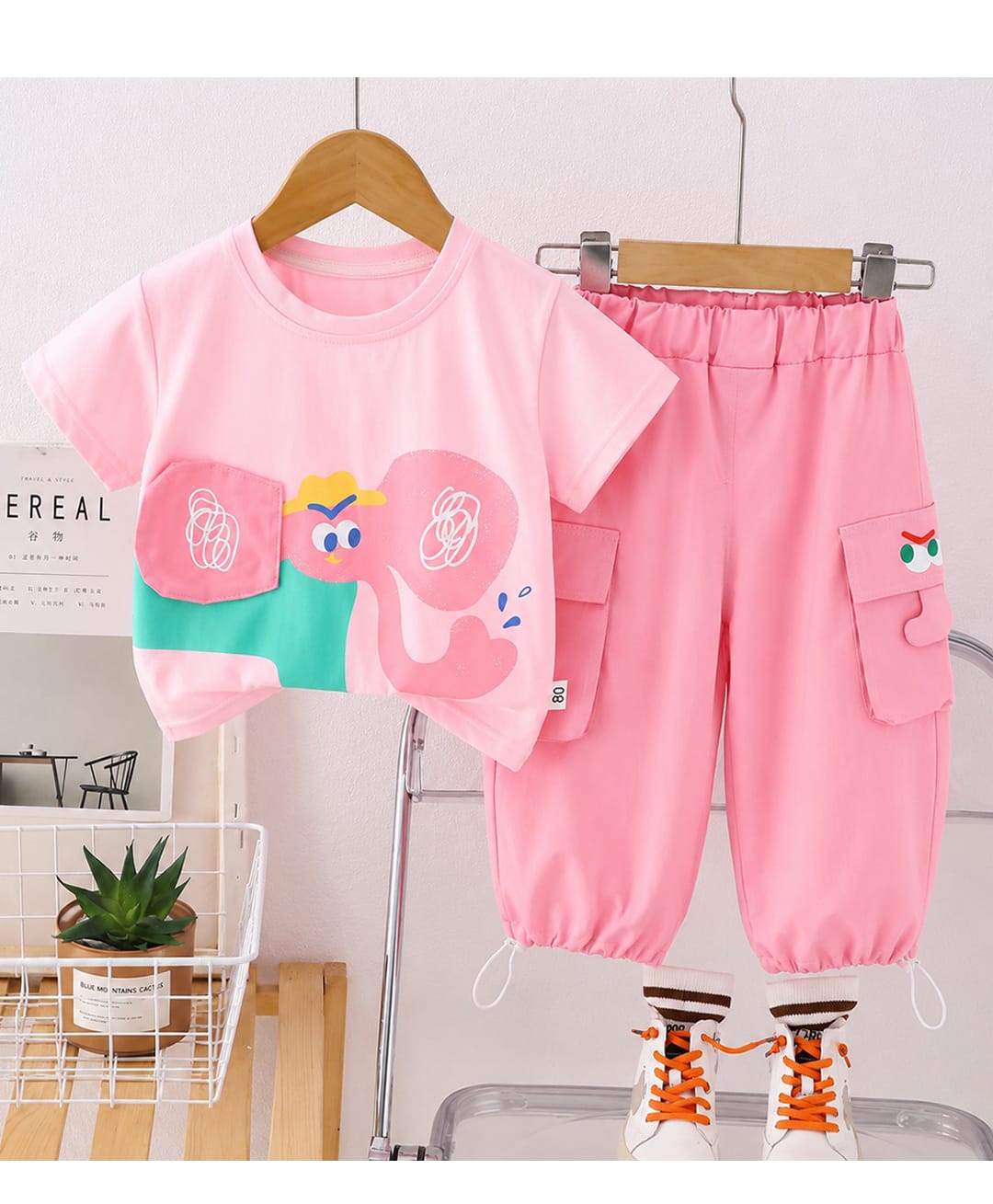 POP STREET KIDS Cotton Blend Knit Half Sleeves Elephant Printed Tee & Joggers Set - Pink-image-45